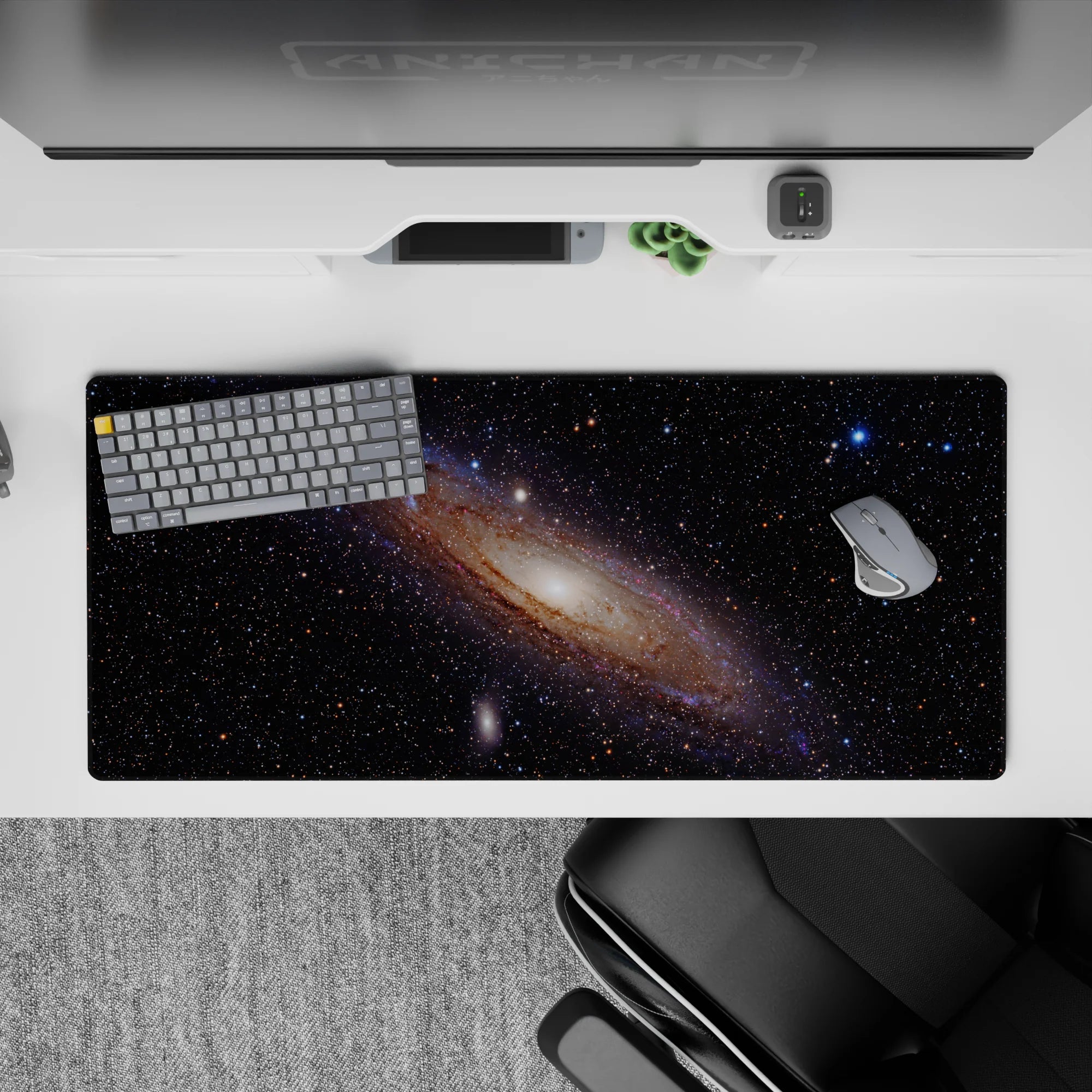 Calming deep black desk pad 36x16 inches with wispy blues, violet haze, tiny stars and amber sparks.