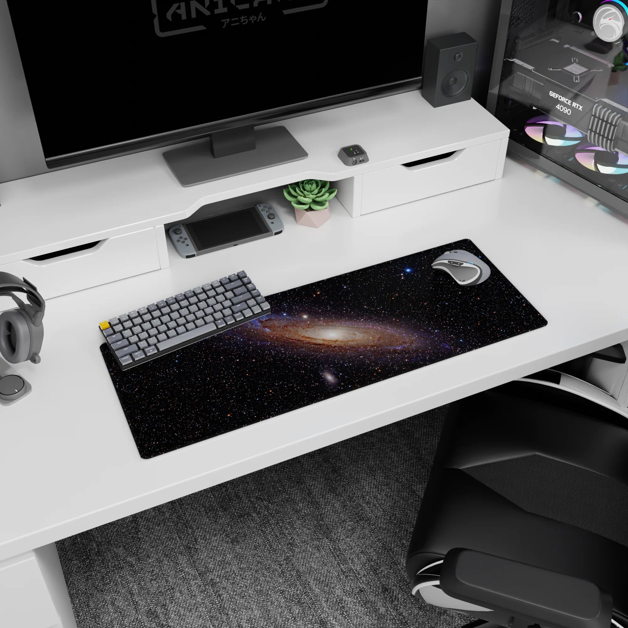 Dreamy spiral galaxy scene 32x12 inches mouse pad featuring a bright core and tiny stars across space.