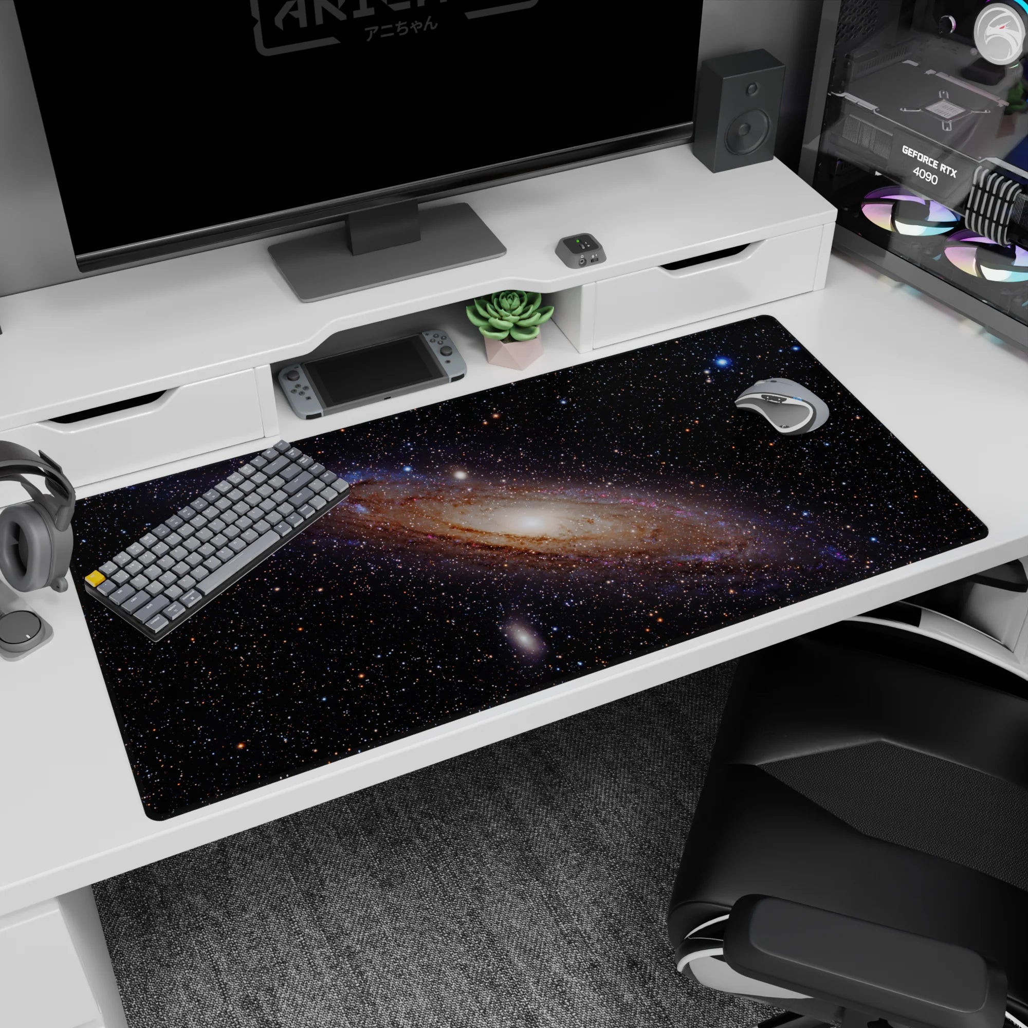 Starfield scene desk pad 40x20 inches featuring a creamy glowing galaxy center in deep space.