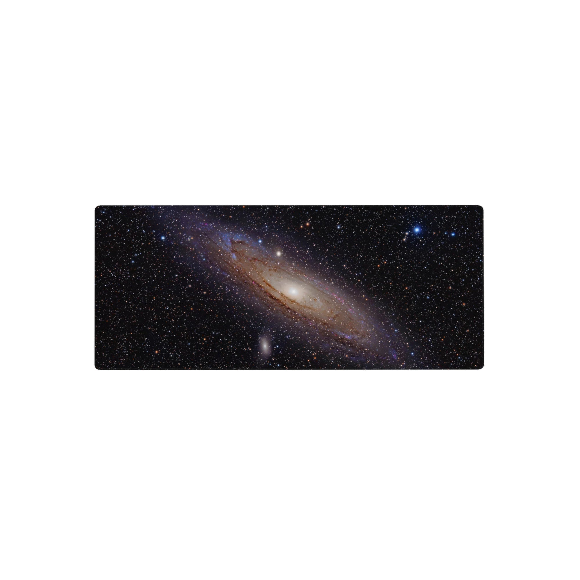 Spiral galaxy mouse pad 28x12 inches with starry deep space design and glowing core.