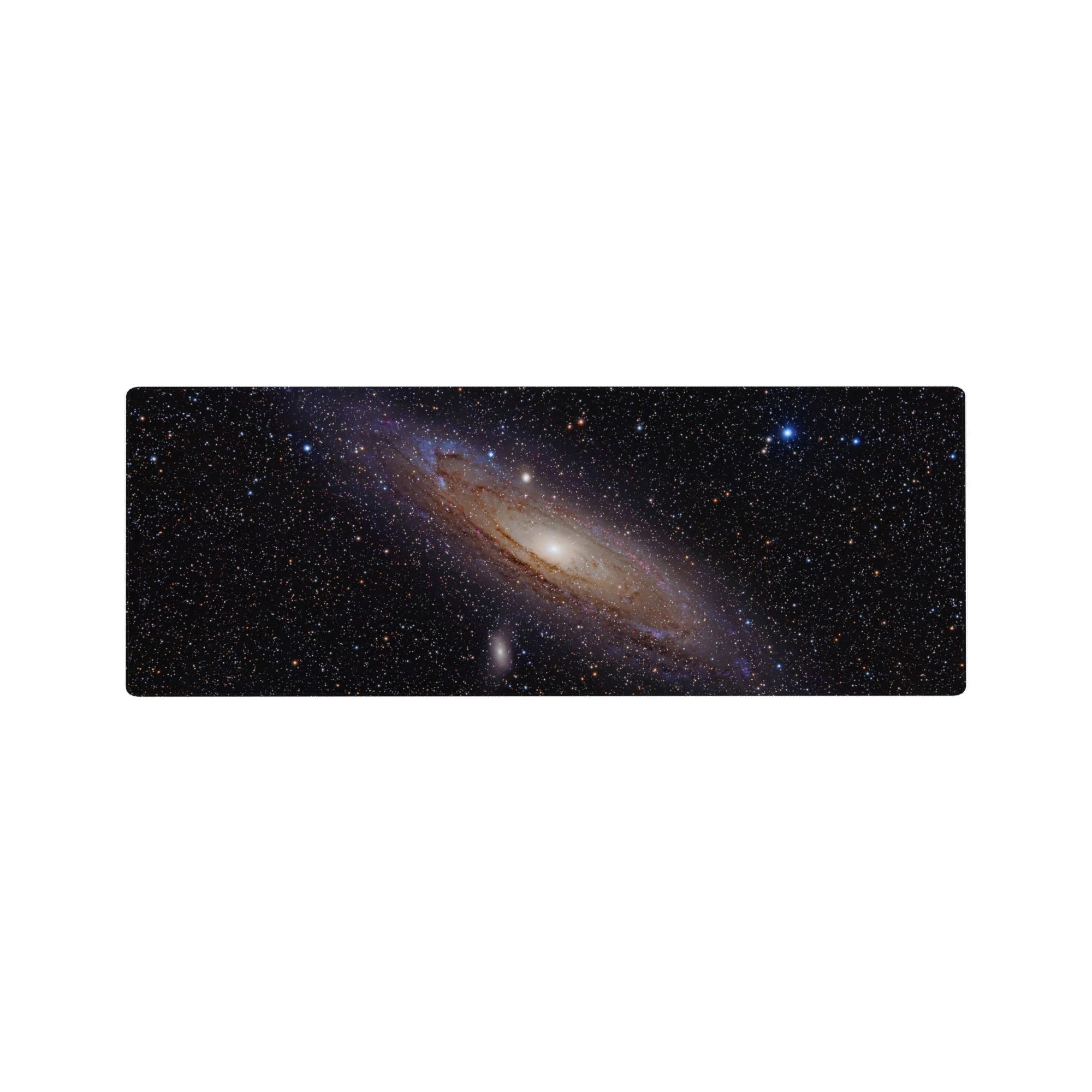 Spiral galaxy space desk mouse pad 32x12 inches with glowing core, stars, and smoky nebula swirls.