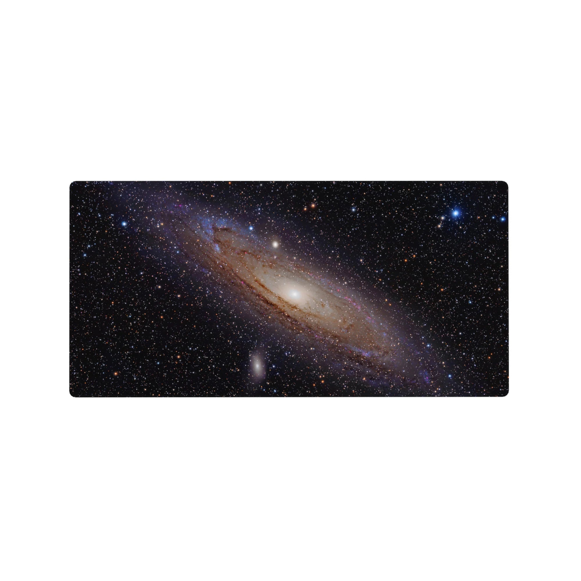 Spiral galaxy space desk mouse pad 32x16 inches with starry black background and glowing core.