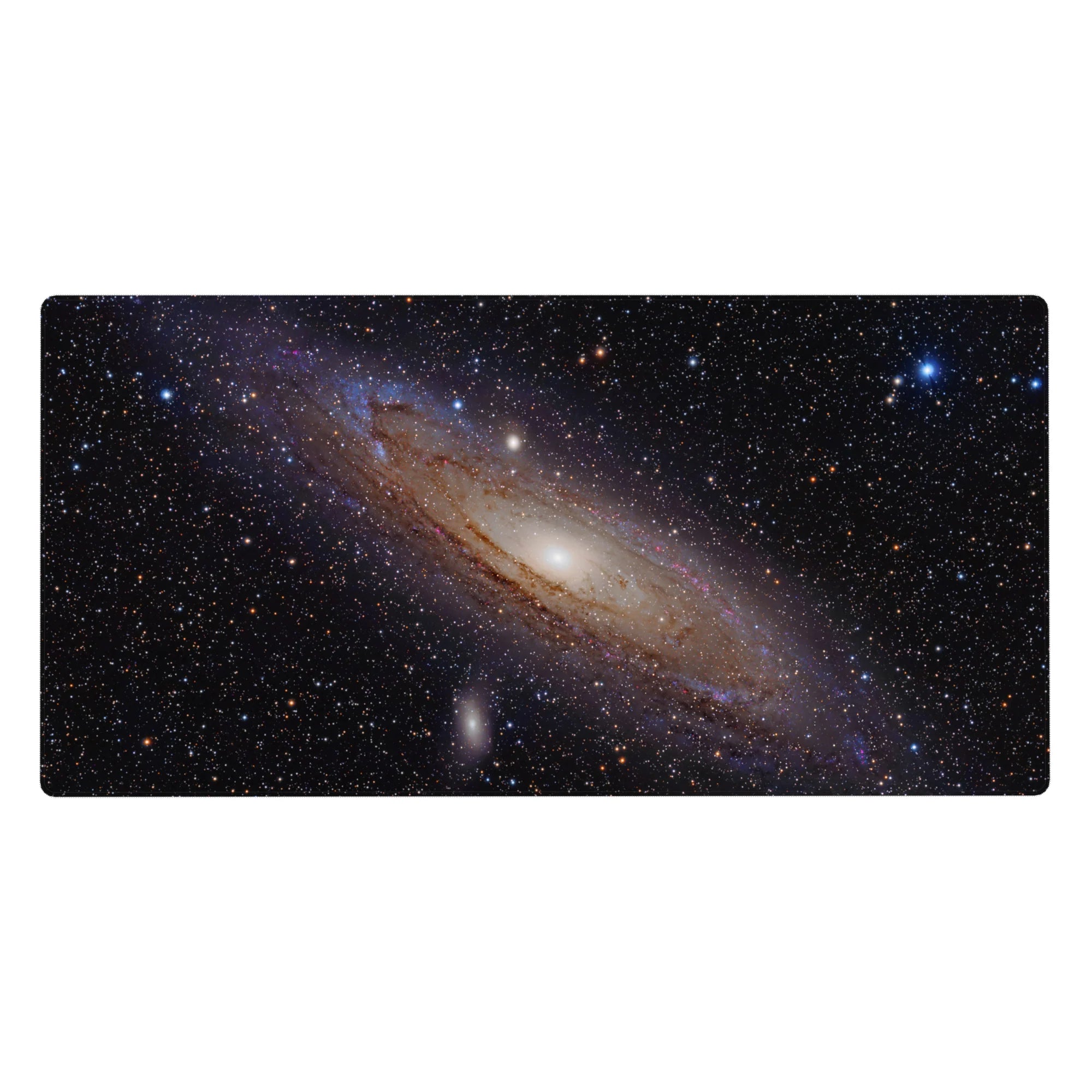 Spiral galaxy space desk pad 40x20 inches with starry black background and glowing core.