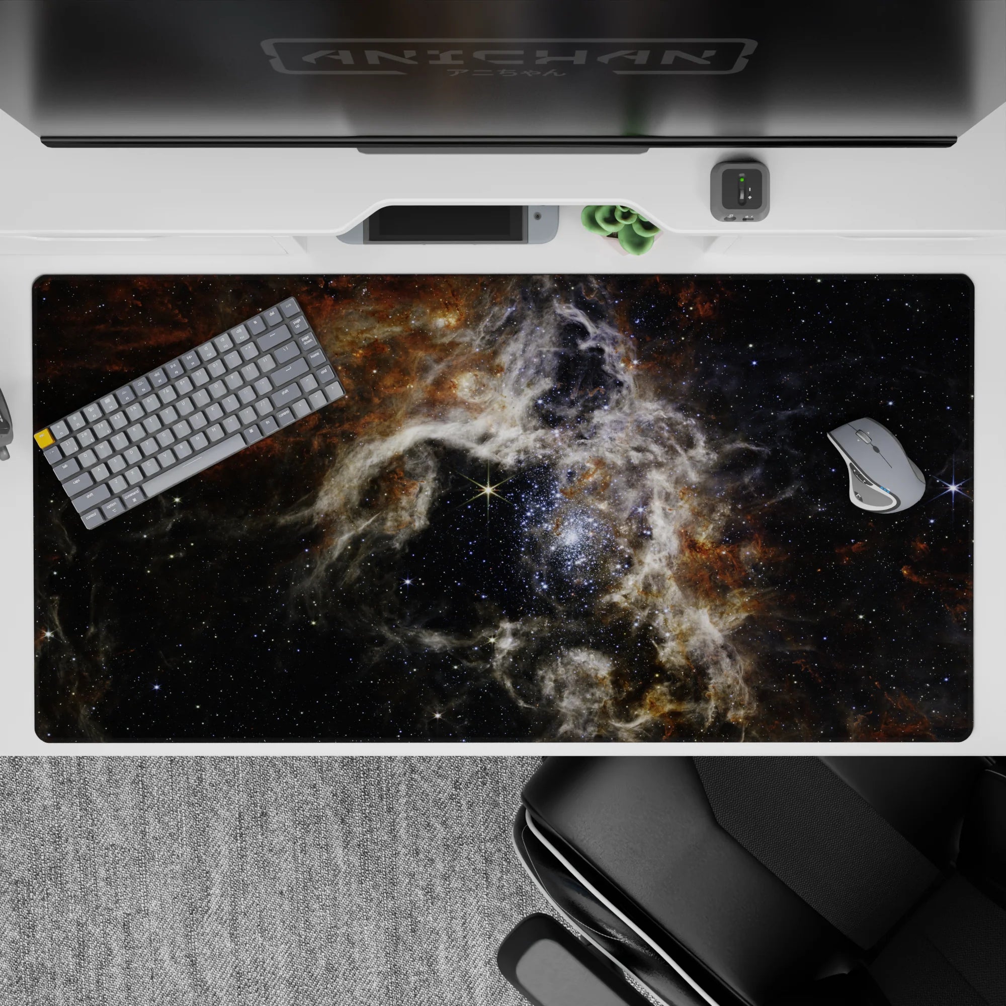 Cosmic galaxy desk pad 40x20 inches with smoky nebula clouds and stardust design for stylish workspace.