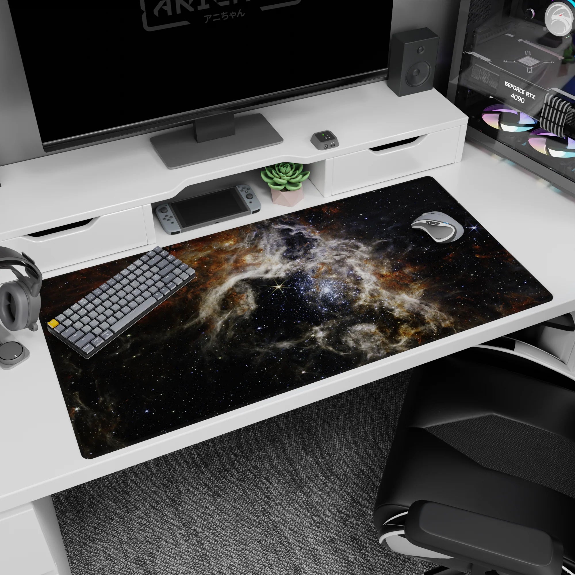 Cosmic-themed desk pad 40x20 inches with smoky nebula clouds and warm rust-brown tones for a stylish workspace.