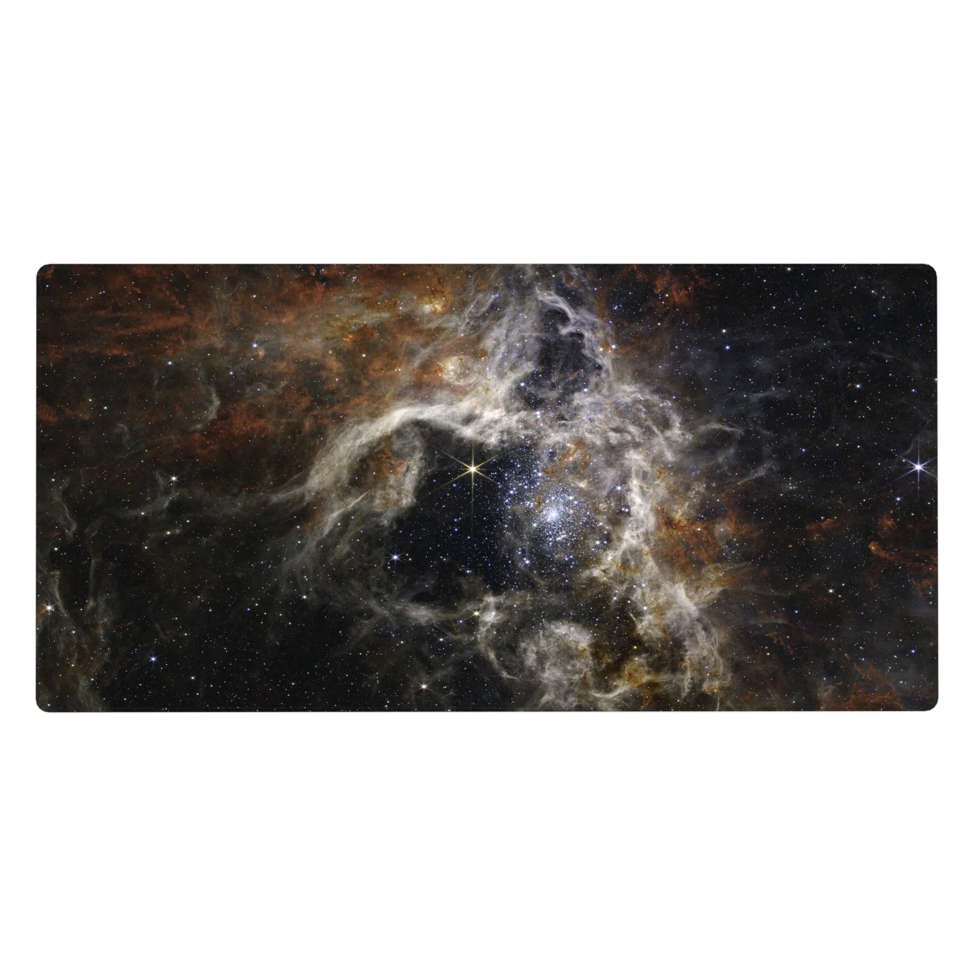 Large desk pad 40x20 inches with smoky nebula design in warm rust and charcoal tones, adding cosmic depth to workspace.