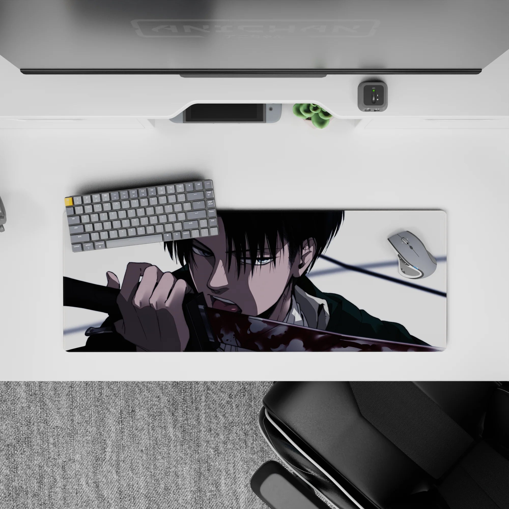 32x12 inches mouse pad with Levi, showcasing stark contrasts and razor detail for a dramatic and intense Attack on Titan tribute.