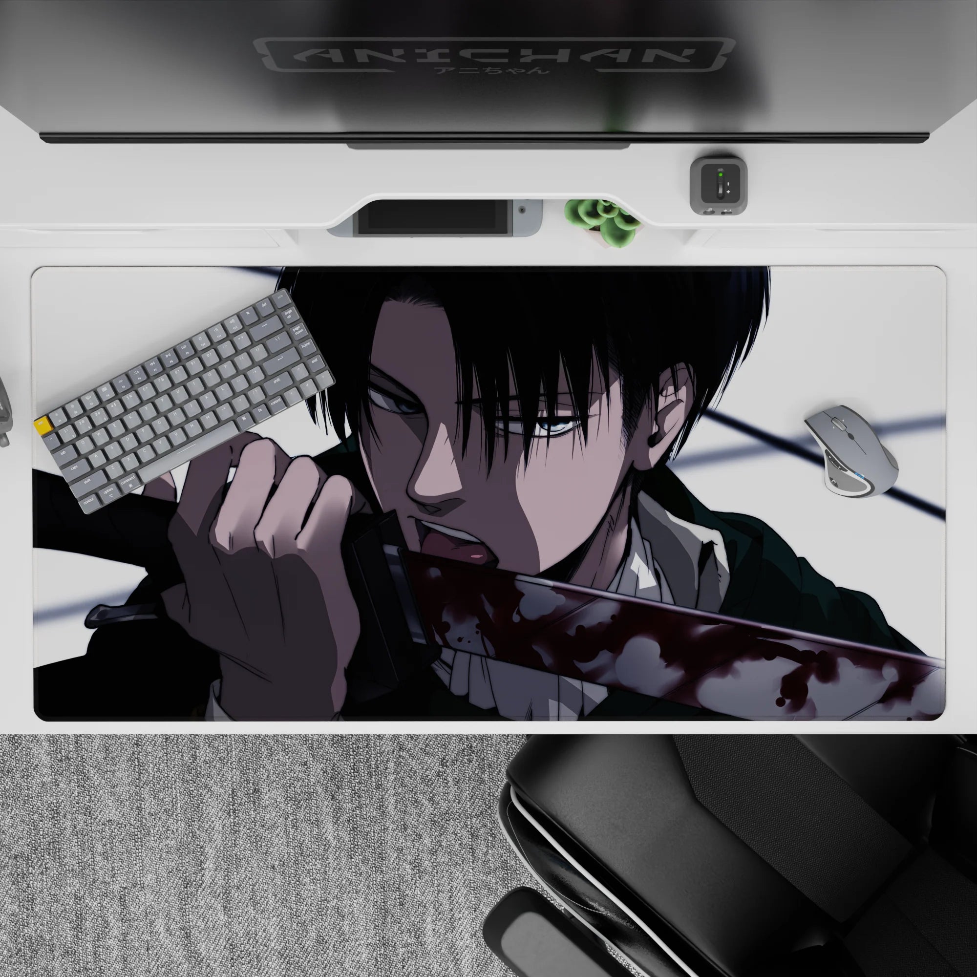 40x20 inches mouse pad showcasing Levi's ruthless finesse, with stark contrasts and razor detail for a true Attack on Titan tribute.