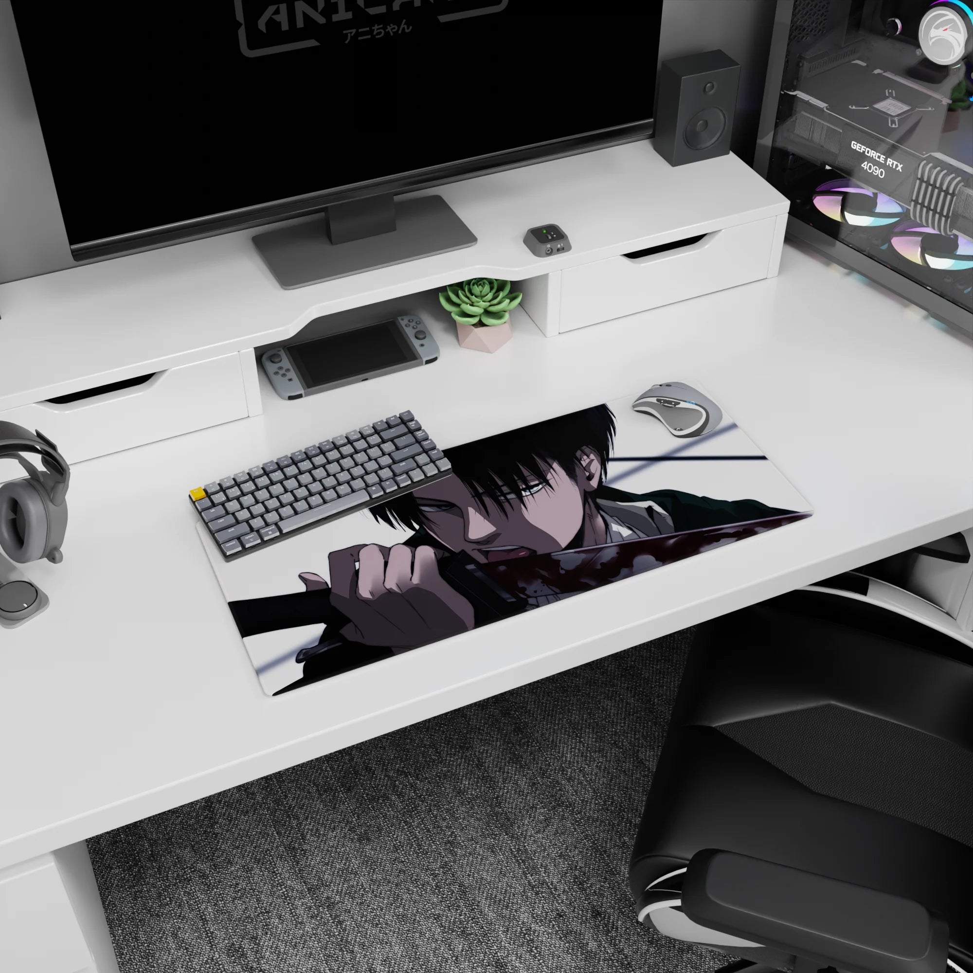 My Hero Academia mouse pad, 28x12 inches, featuring Levi with stark contrasts and razor detail to showcase his deadly calm and focus.