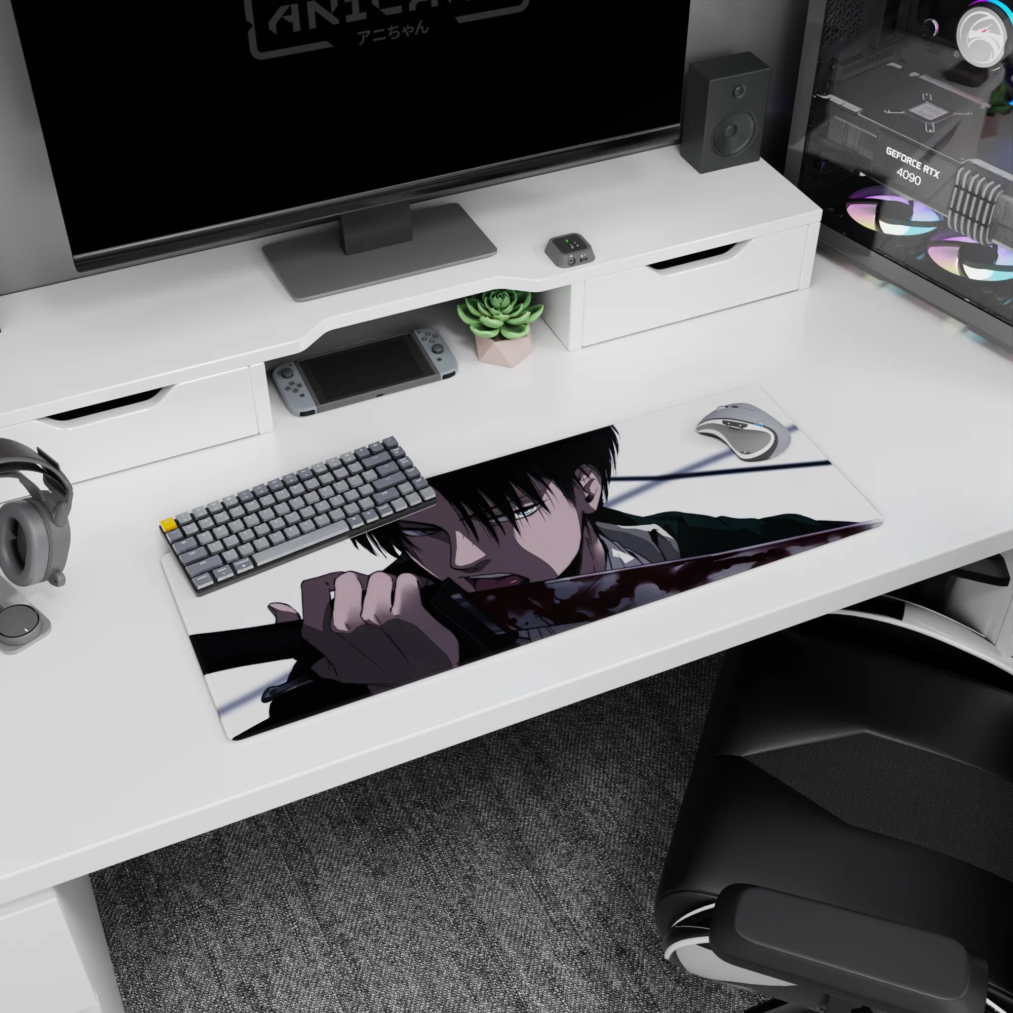 Artistic 32x12 inches mouse pad featuring Levi, with stark contrasts and razor detail, capturing his lethal calm and focus in AOT style.
