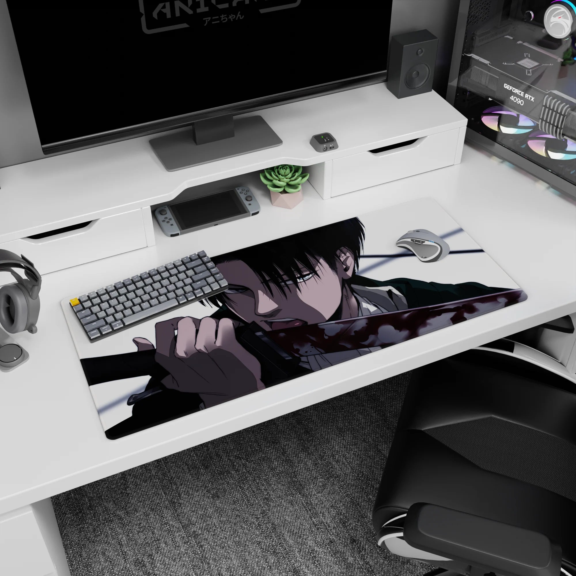 Artistic 36x16 inches mouse pad featuring Levi, with stark contrasts and razor detail to showcase his unshakable focus and finesse.