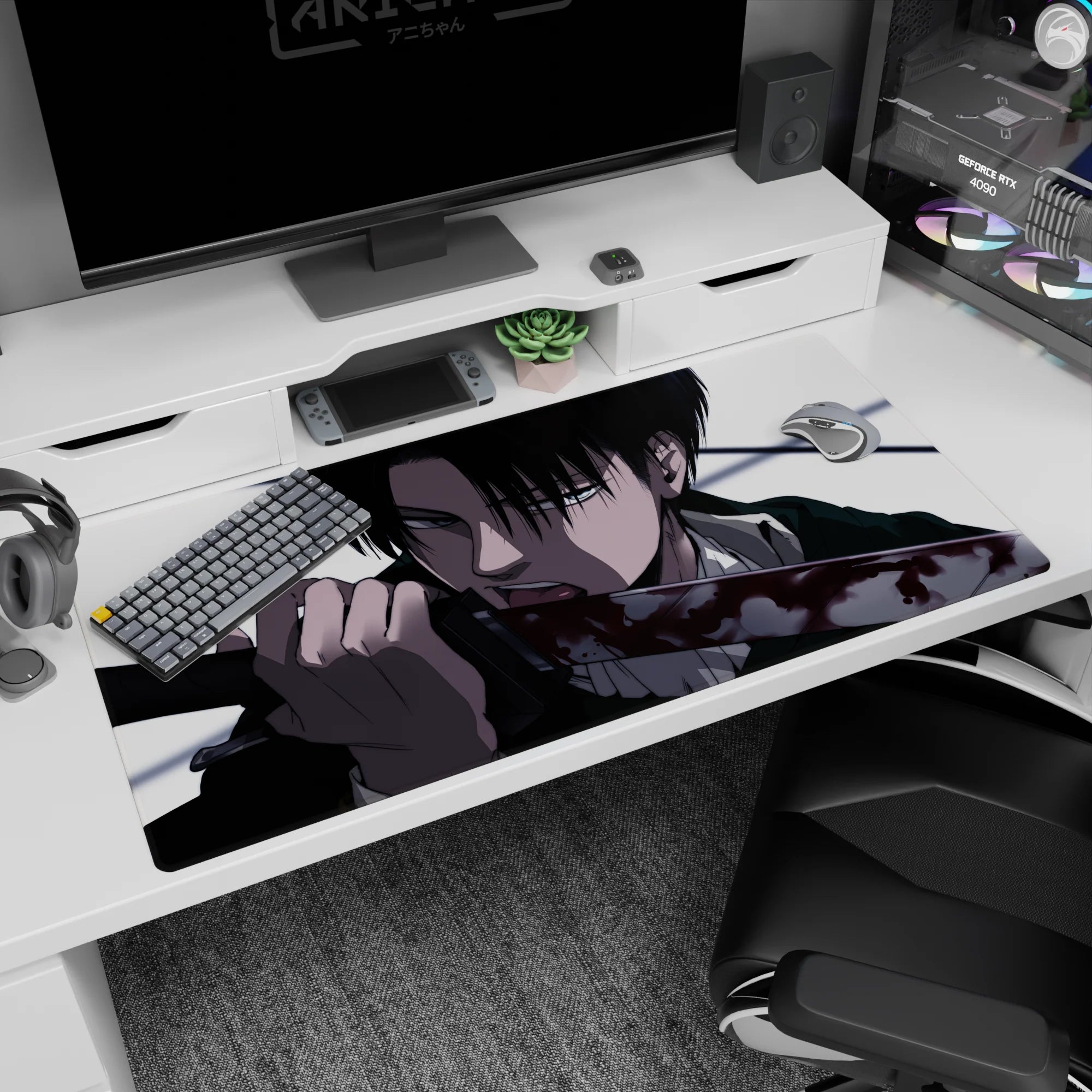 Large 40x20 inches mouse pad with Levi, capturing his deadly calm and unshakable focus through stark contrasts and razor-sharp detail.