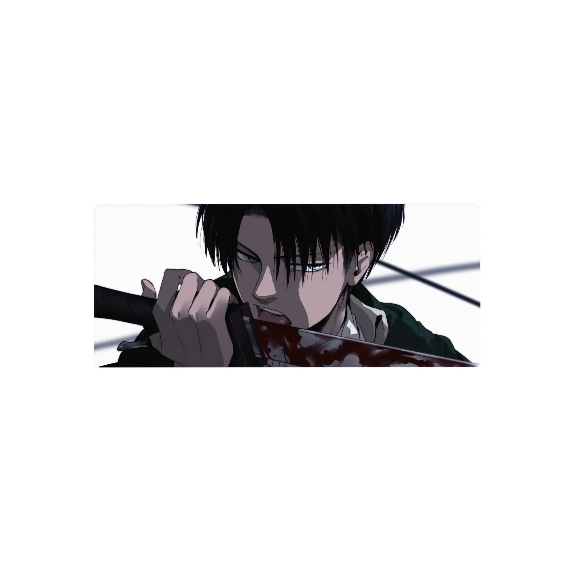 Mouse pad featuring Levi, 28x12 inches, with stark contrasts and razor detail for a deadly, calm, and focused AOT-inspired look.