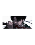 Mouse pad featuring Levi, 28x12 inches, with stark contrasts and razor detail for a deadly, calm, and focused AOT-inspired look.