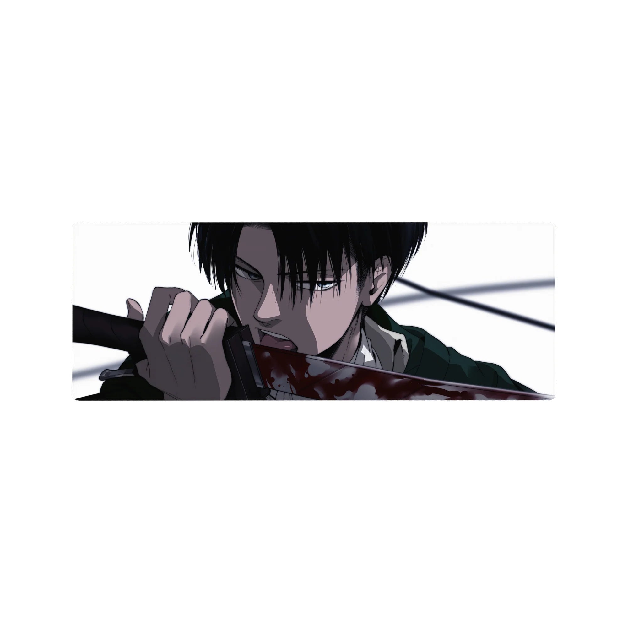 Compact 32x12 inches mouse pad with Levi, featuring stark contrasts and razor detail to capture his deadly calm and focused energy.