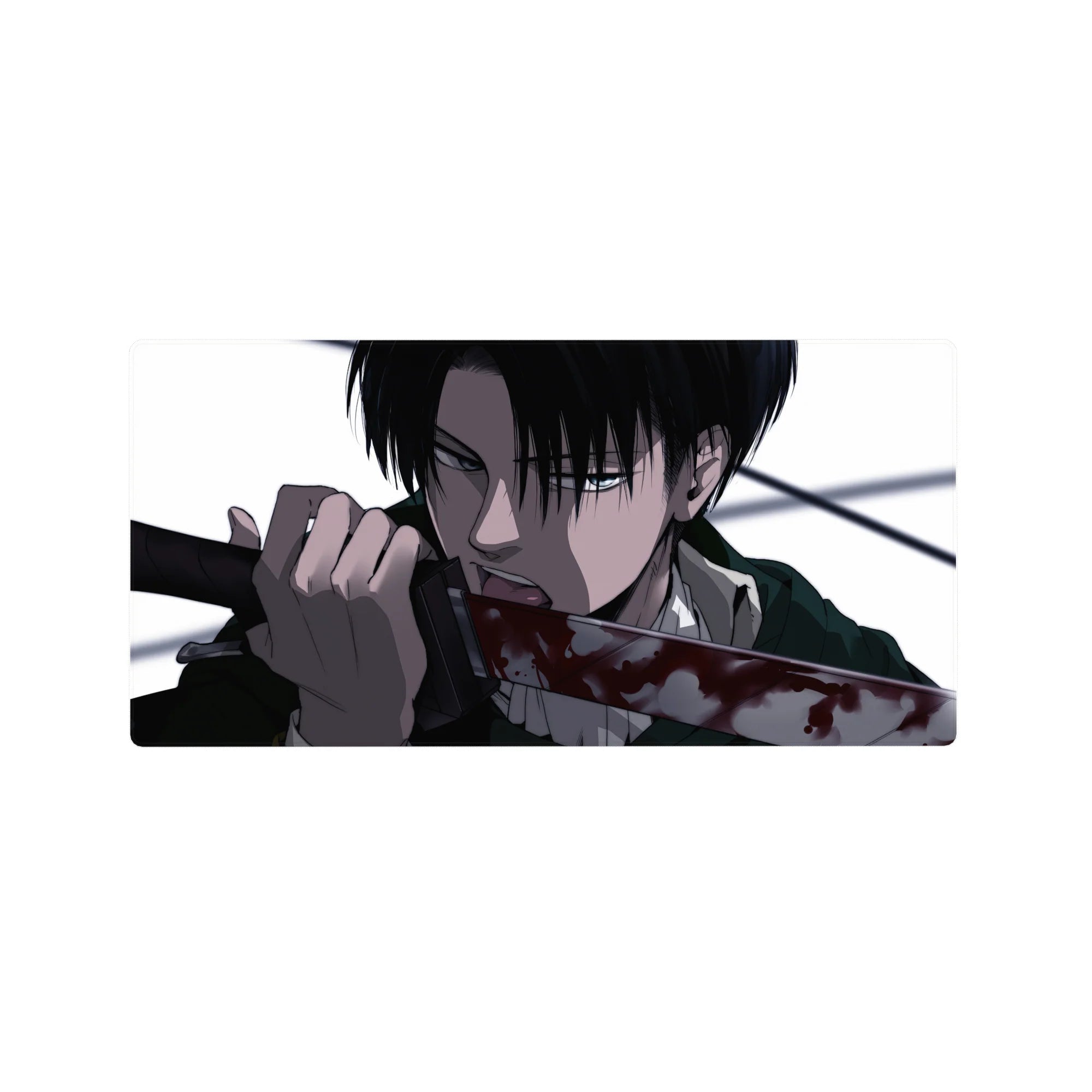 Mouse pad with Levi, 32x16 inches, featuring stark contrasts and razor detail to capture his deadly calm and precision in Attack on Titan.