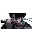 Mouse pad with Levi, 32x16 inches, featuring stark contrasts and razor detail to capture his deadly calm and precision in Attack on Titan.