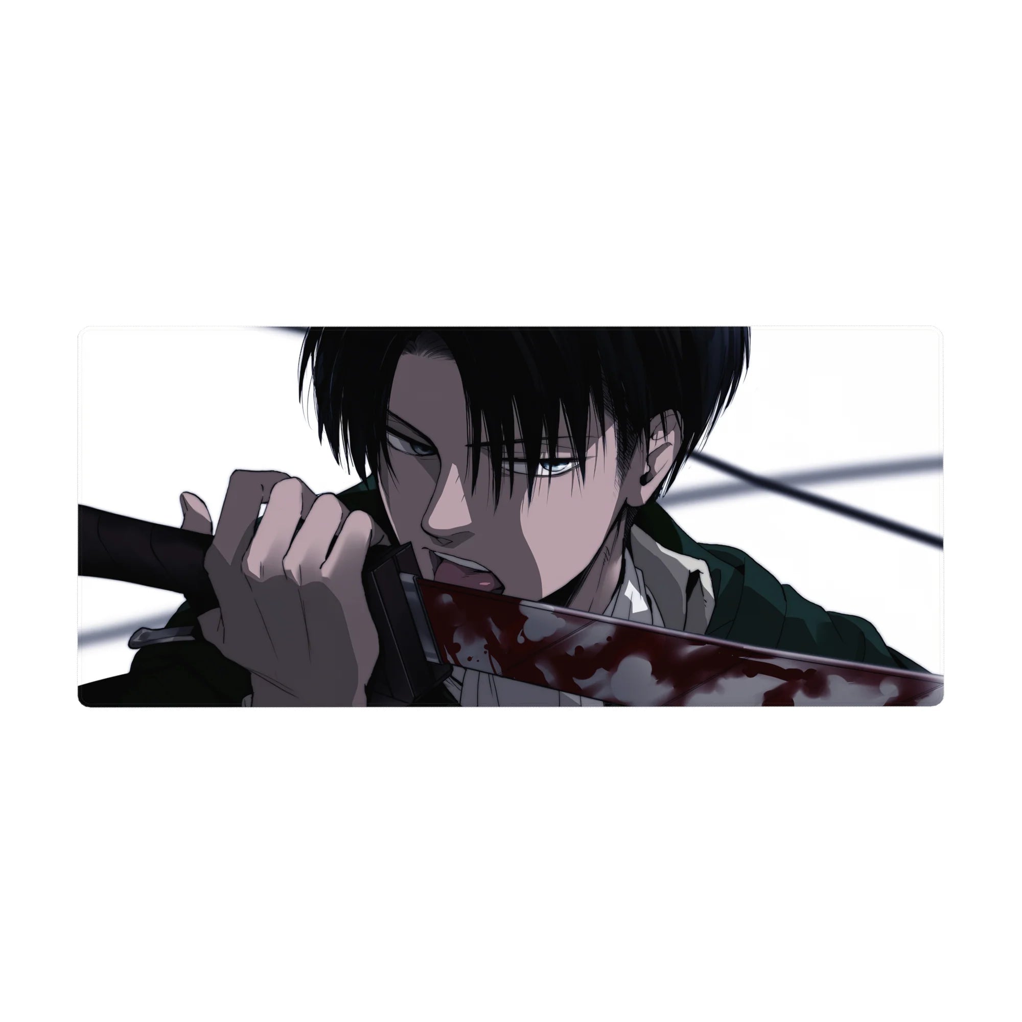 Mouse pad featuring Levi, 36x16 inches, with stark contrasts and razor detail for a powerful depiction of his unshakable focus in AOT.