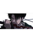 Mouse pad featuring Levi, 36x16 inches, with stark contrasts and razor detail for a powerful depiction of his unshakable focus in AOT.