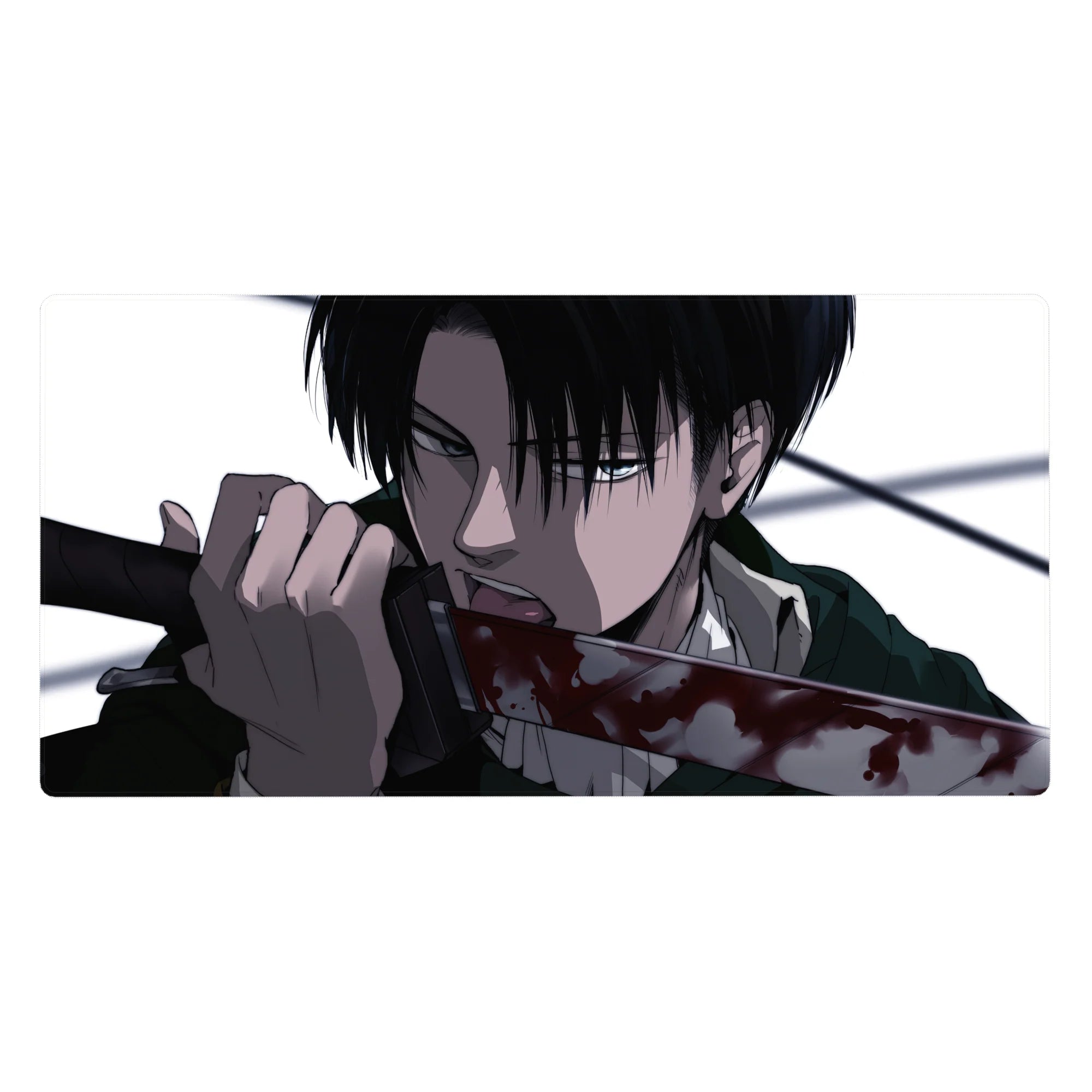Mouse pad featuring Levi, 40x20 inches, with stark contrasts and razor detail to capture his deadly calm and unshakable focus in Attack on Titan style.