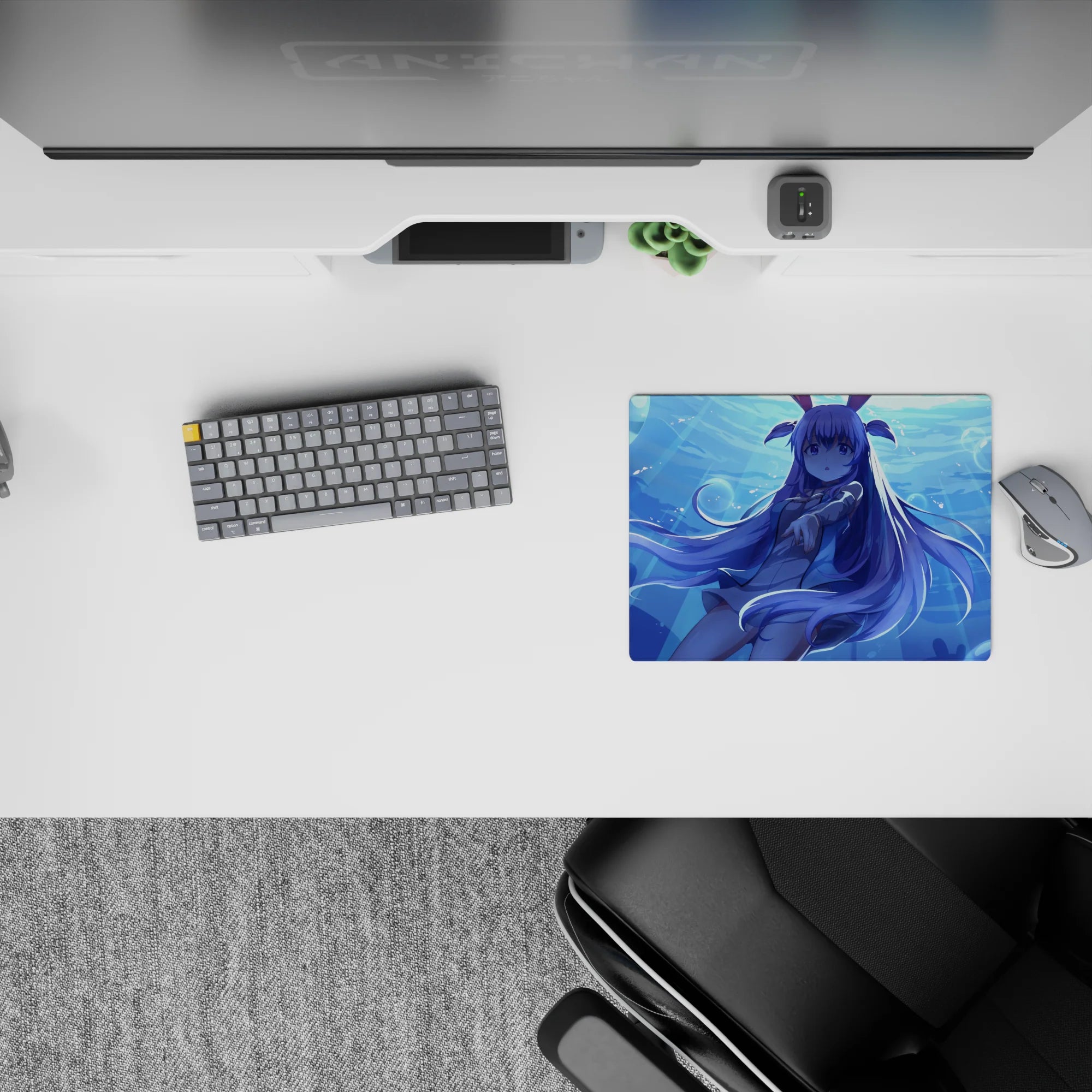Cool aqua glow anime mouse pad 14x10 inches, dreamy underwater vibe with shimmering bubbles and soft light.