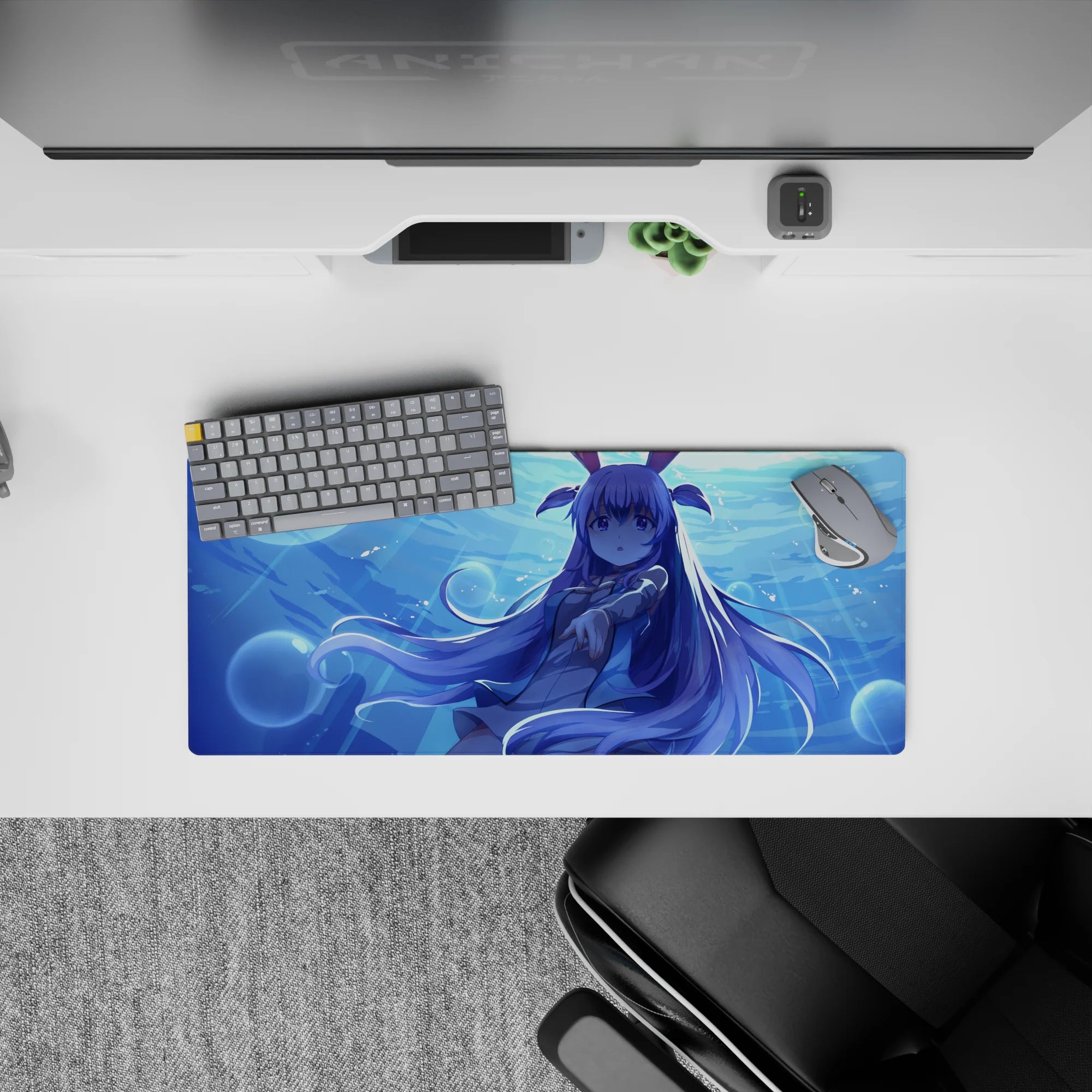 28x12 inches mouse pad in cool aqua glow with dreamy ocean vibes, shimmering bubbles, lavender hair.