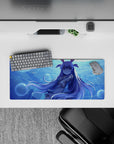 28x12 inches mouse pad in cool aqua glow with dreamy ocean vibes, shimmering bubbles, lavender hair.