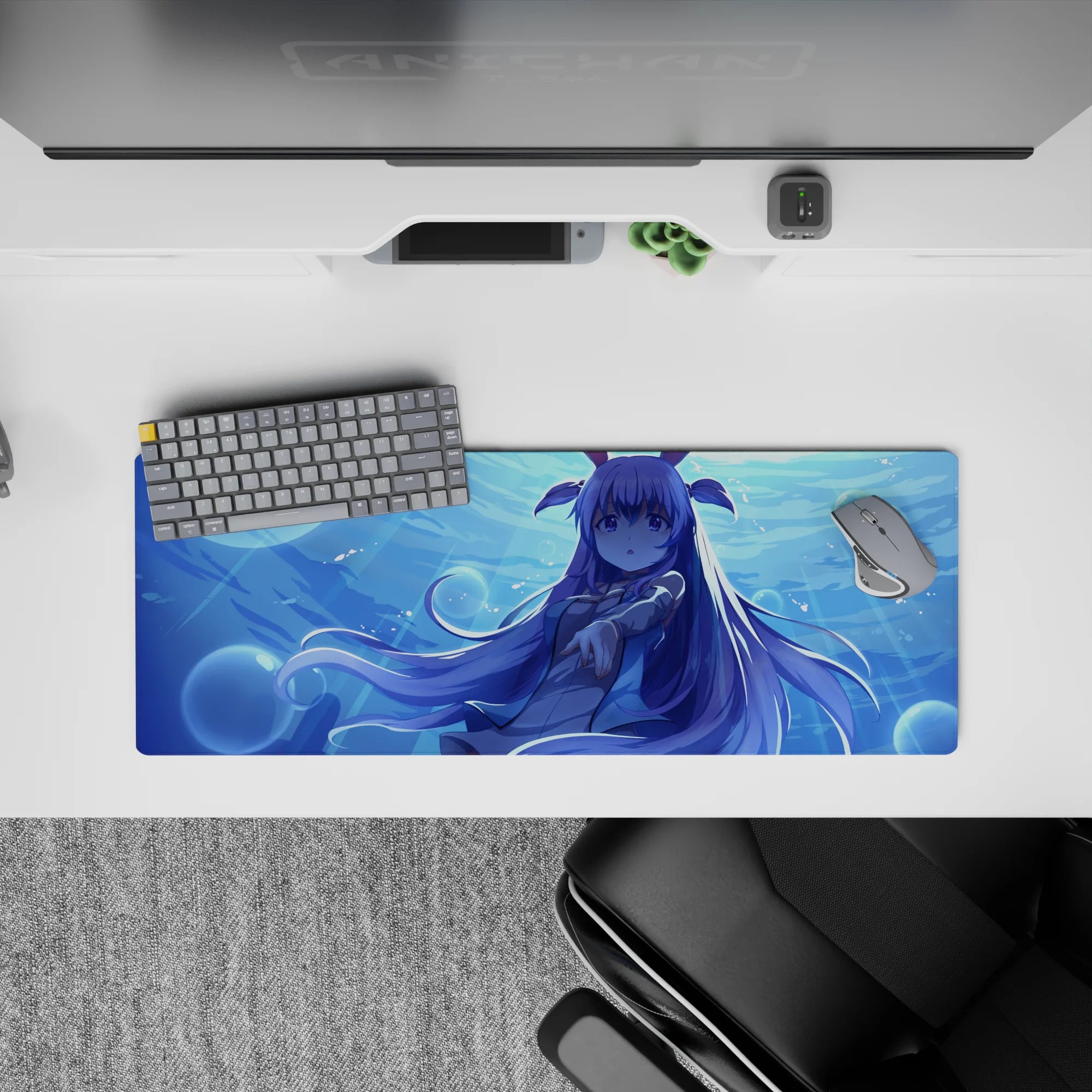 Cool aqua glow anime desk mat 32x12 inches, dreamy underwater vibe with shimmering bubbles and soft pastel tones.