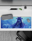 Cool aqua glow anime desk mat 32x12 inches, dreamy underwater vibe with shimmering bubbles and soft pastel tones.