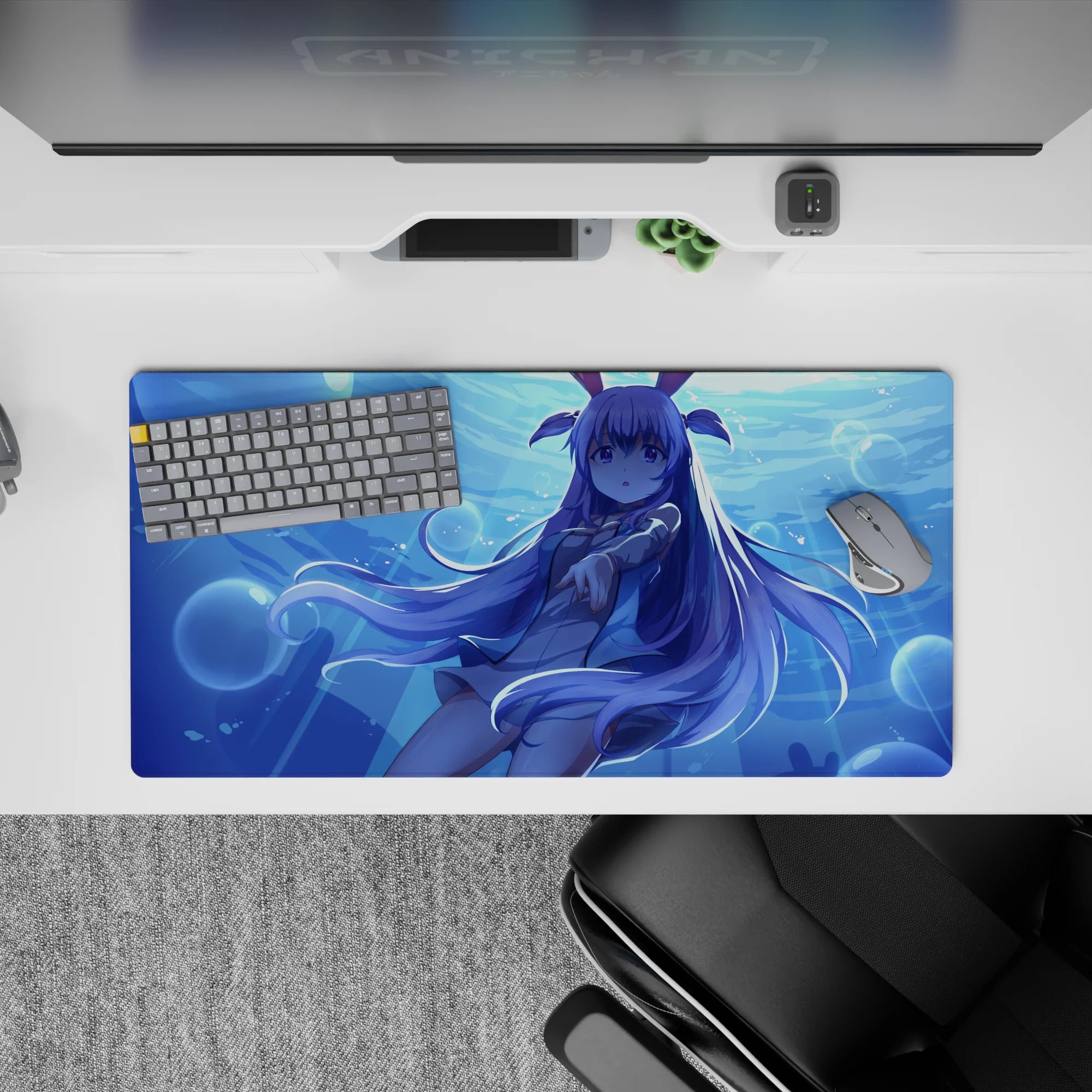32x16 inches anime desk mouse pad in cool aqua glow, dreamy blue tones, soft magical vibe.