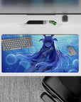 32x16 inches anime desk mouse pad in cool aqua glow, dreamy blue tones, soft magical vibe.