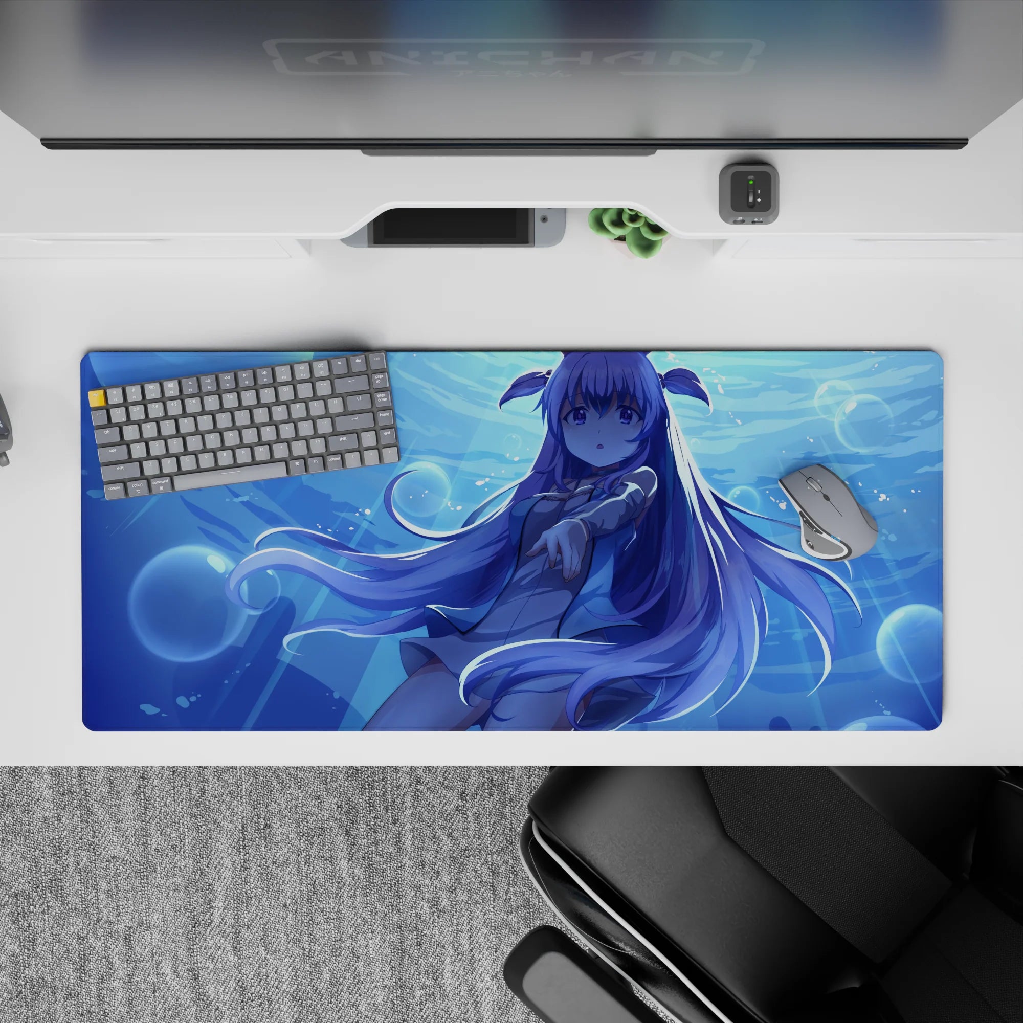 36x16 inches aqua-blue anime desk pad, cool glowing underwater vibe with shimmering bubbles and soft pastel tones.