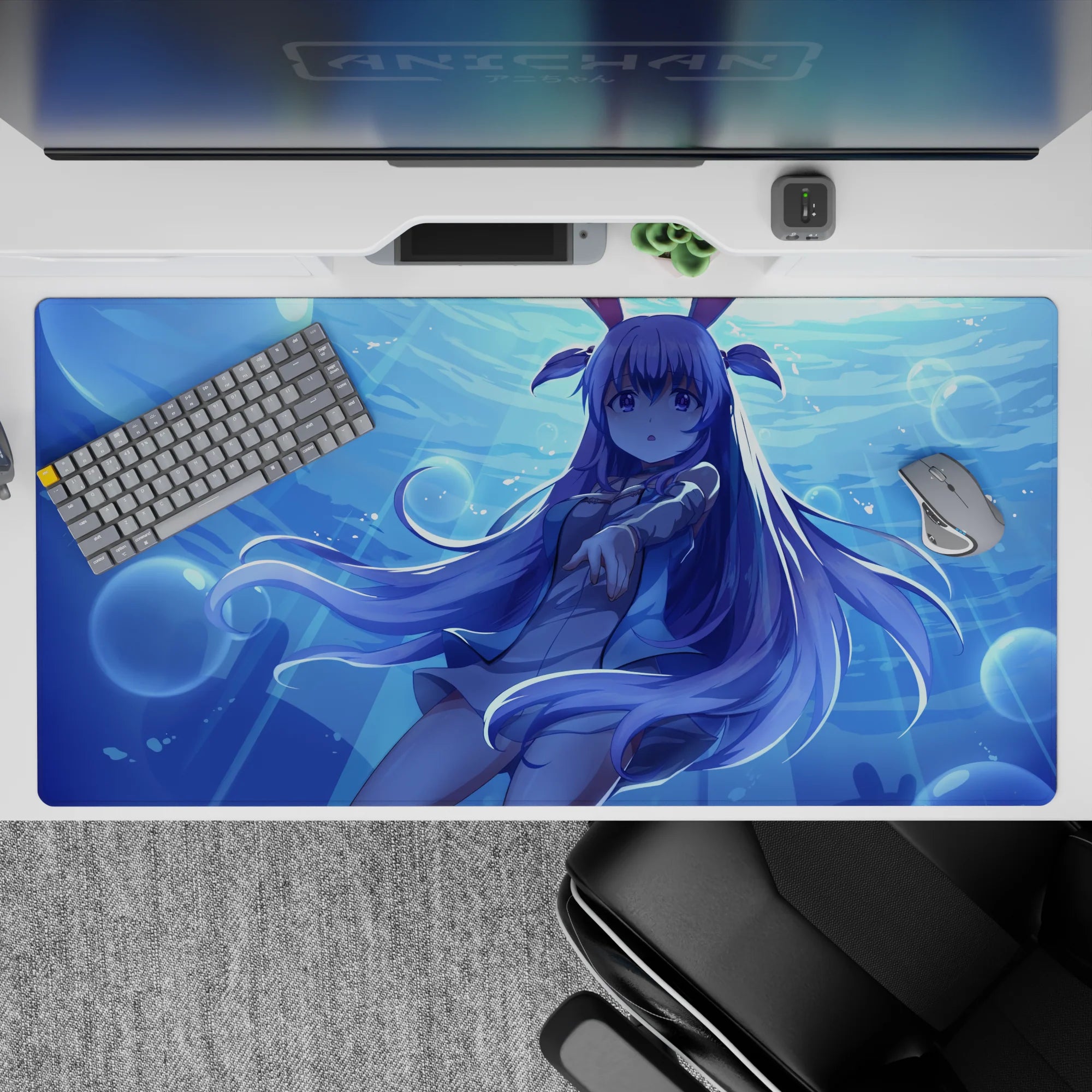Cool aqua glow anime desk pad 40x20 inches with dreamy blue water, lavender hair, and soft vibes.
