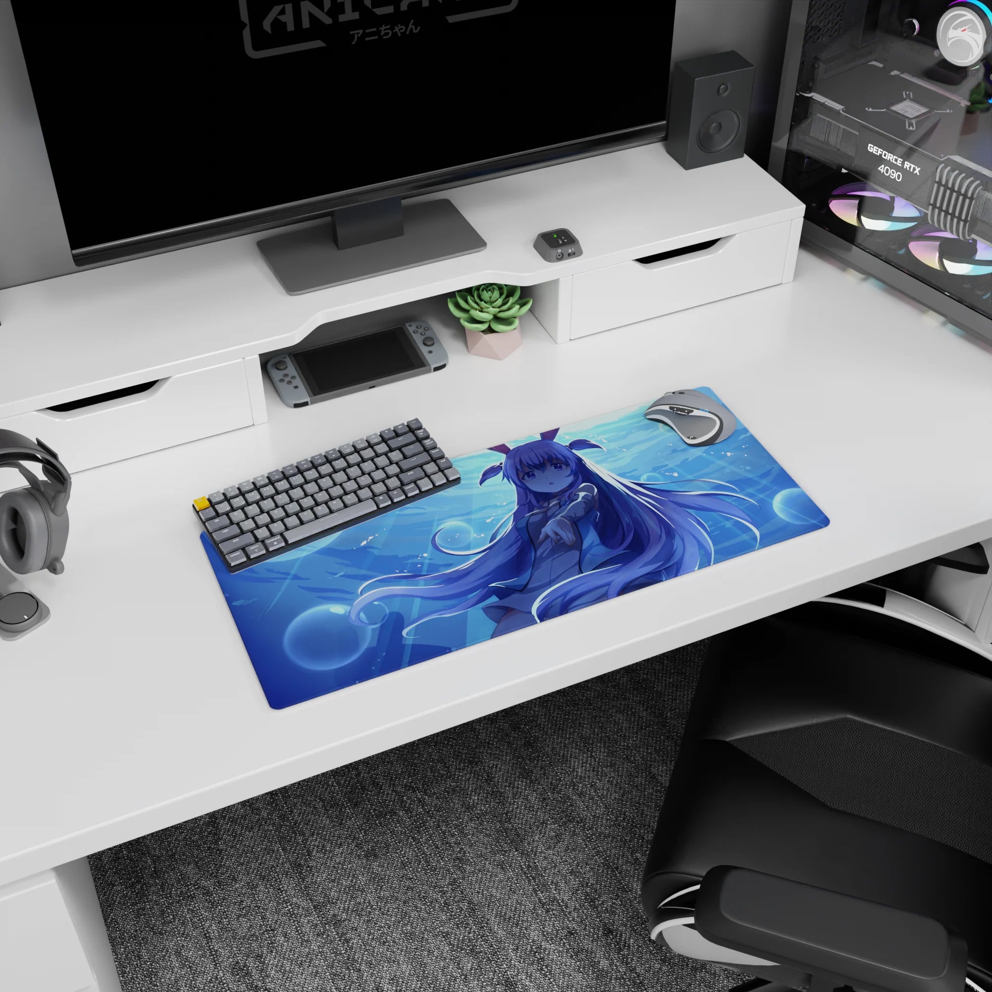 28x12 inches anime mouse pad featuring a floating lavender-haired girl reaching out in a calm blue sea.