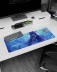 Soft-eyed anime schoolgirl floating underwater mouse pad 32x12 inches, reaching hand, bunny headband, lavender hair.