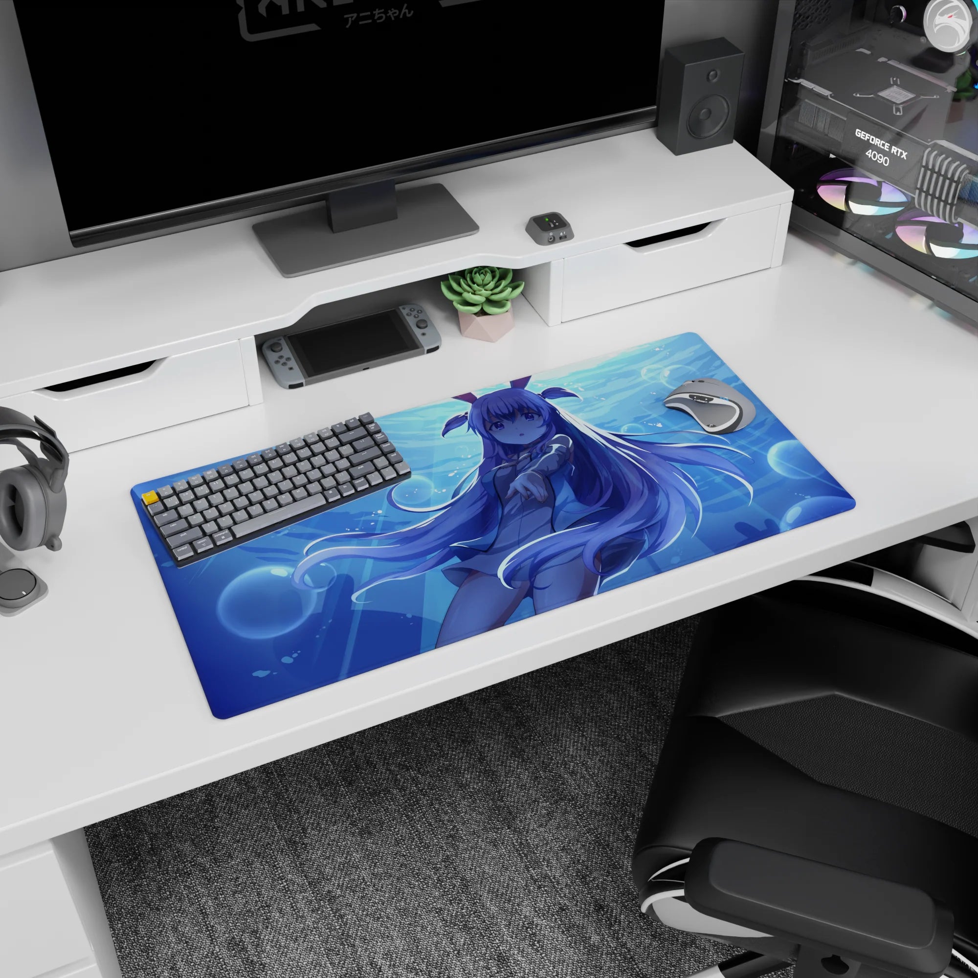 32x16 inches mouse pad showing a floating anime schoolgirl reaching out, bunny headband, weightless ocean.