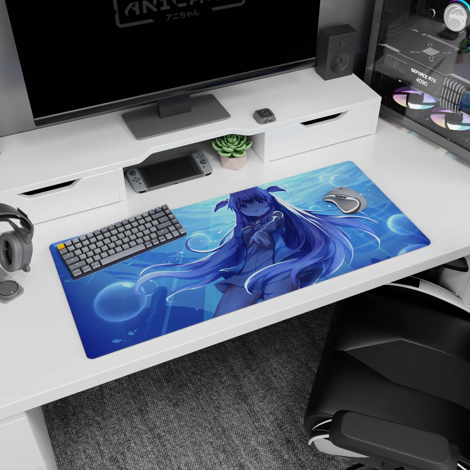 36x16 inches desk pad showing weightless anime girl reaching out underwater, long lavender hair flowing, calm gaze.
