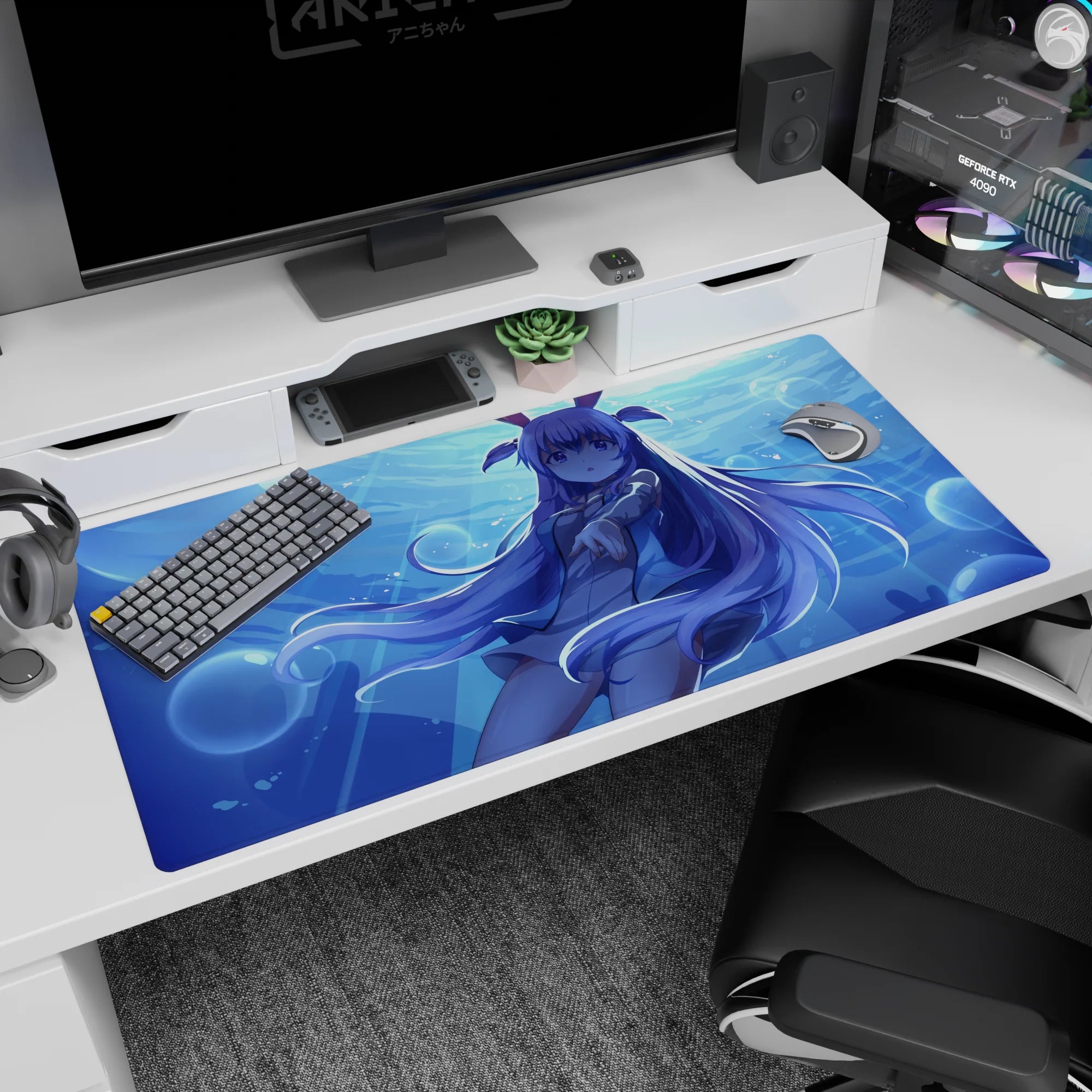 Floating anime girl with long lavender hair reaching out in blue ocean bubbles desk pad 40x20 inches.
