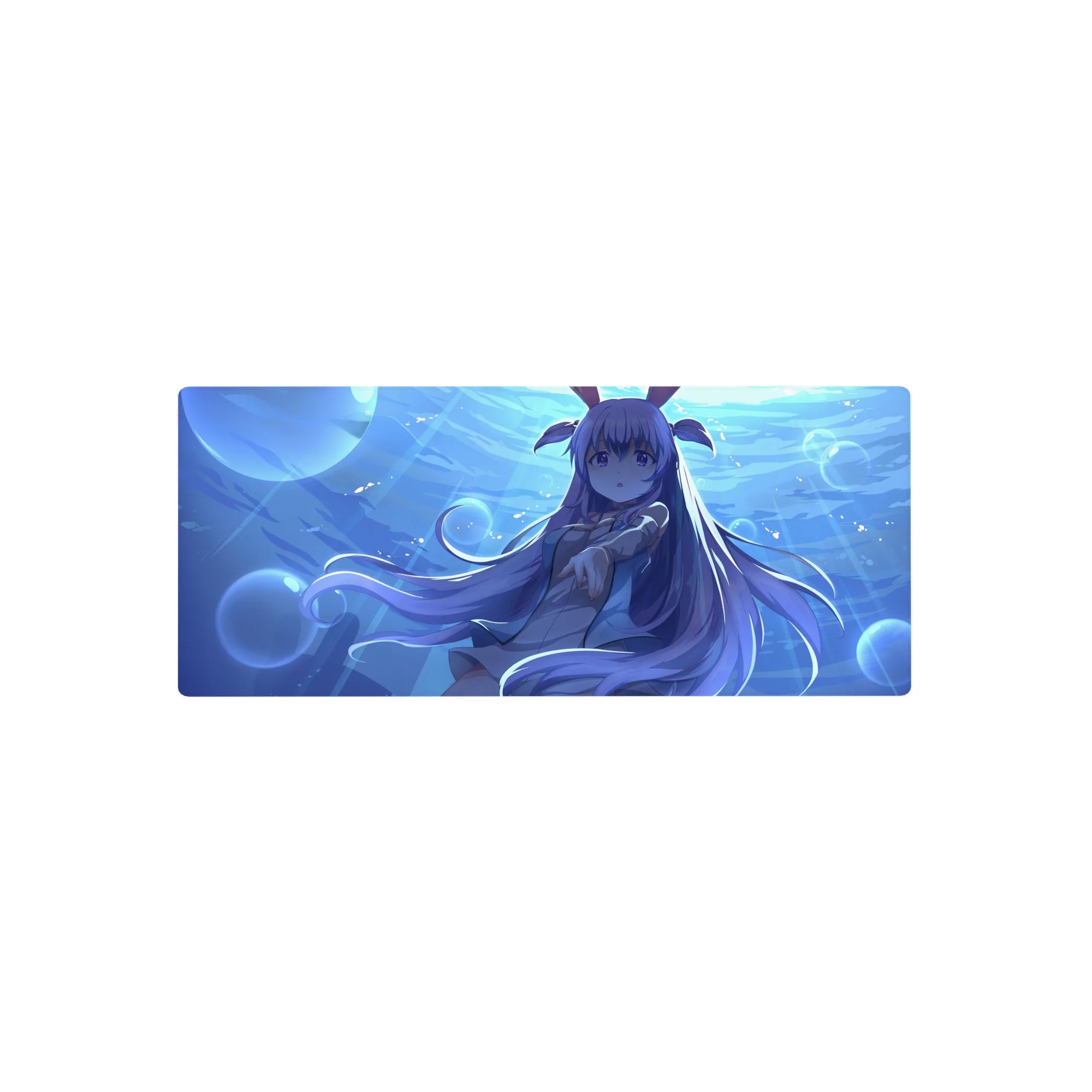 28x12 inches anime girl mouse pad with underwater blue ocean scene, bubbles, bunny ears, school outfit.