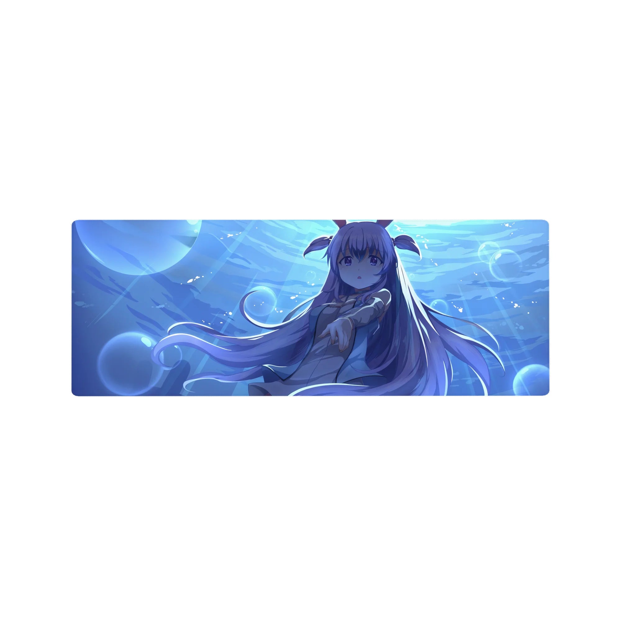 Blue ocean anime girl mouse pad 32x12 inches with floating schoolgirl, bubbles, lavender hair, bunny ears.