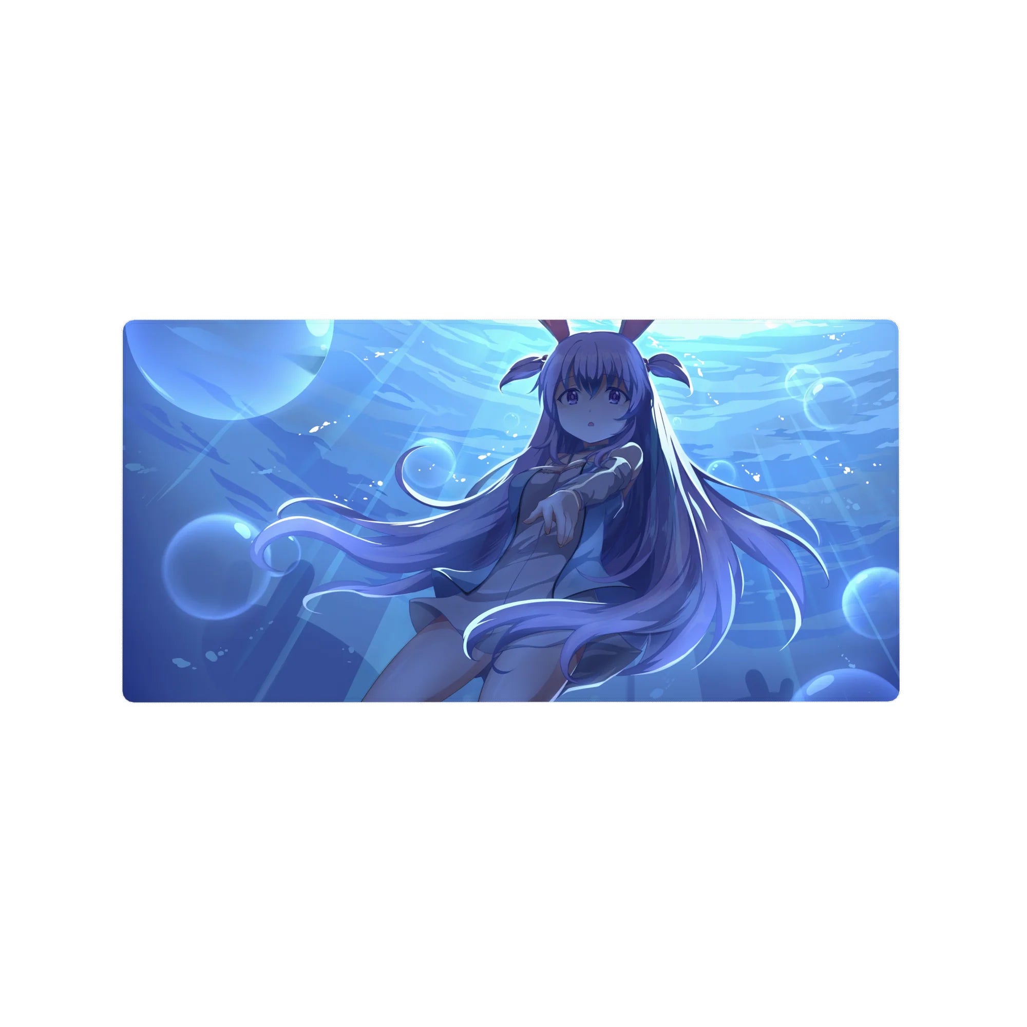 32x16 inches anime girl mouse pad with underwater blue ocean scene, bubbles, lavender hair, bunny ears.