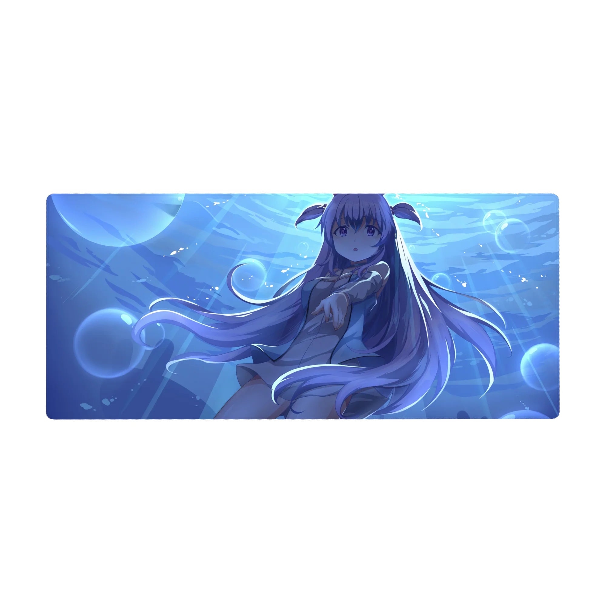 36x16 inches anime girl desk pad with floating ocean girl, bubbles, lavender hair, bunny ears, school outfit.