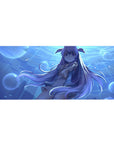 36x16 inches anime girl desk pad with floating ocean girl, bubbles, lavender hair, bunny ears, school outfit.