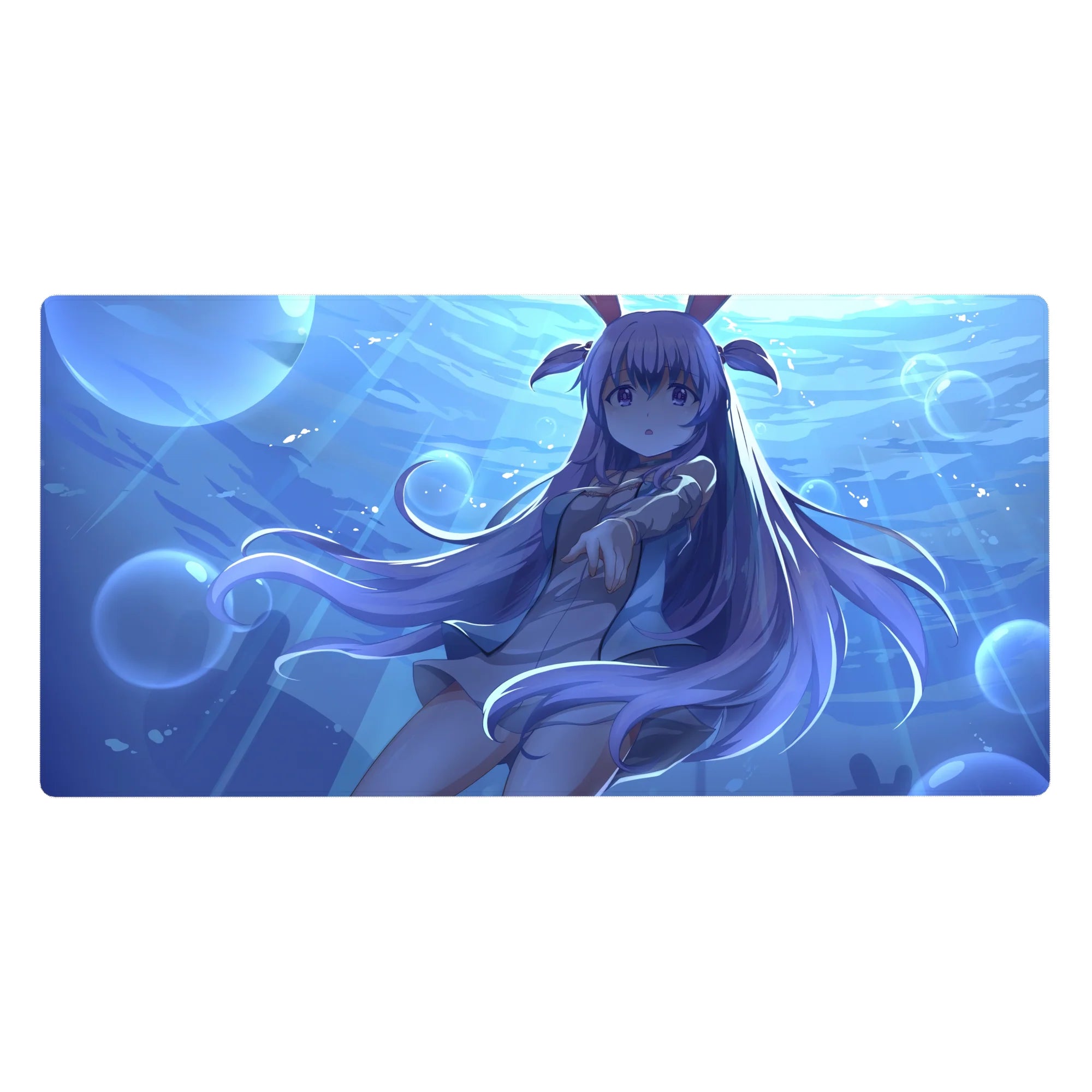 Anime girl ocean scene desk pad 40x20 inches, floating schoolgirl with bunny ears and bubbles.