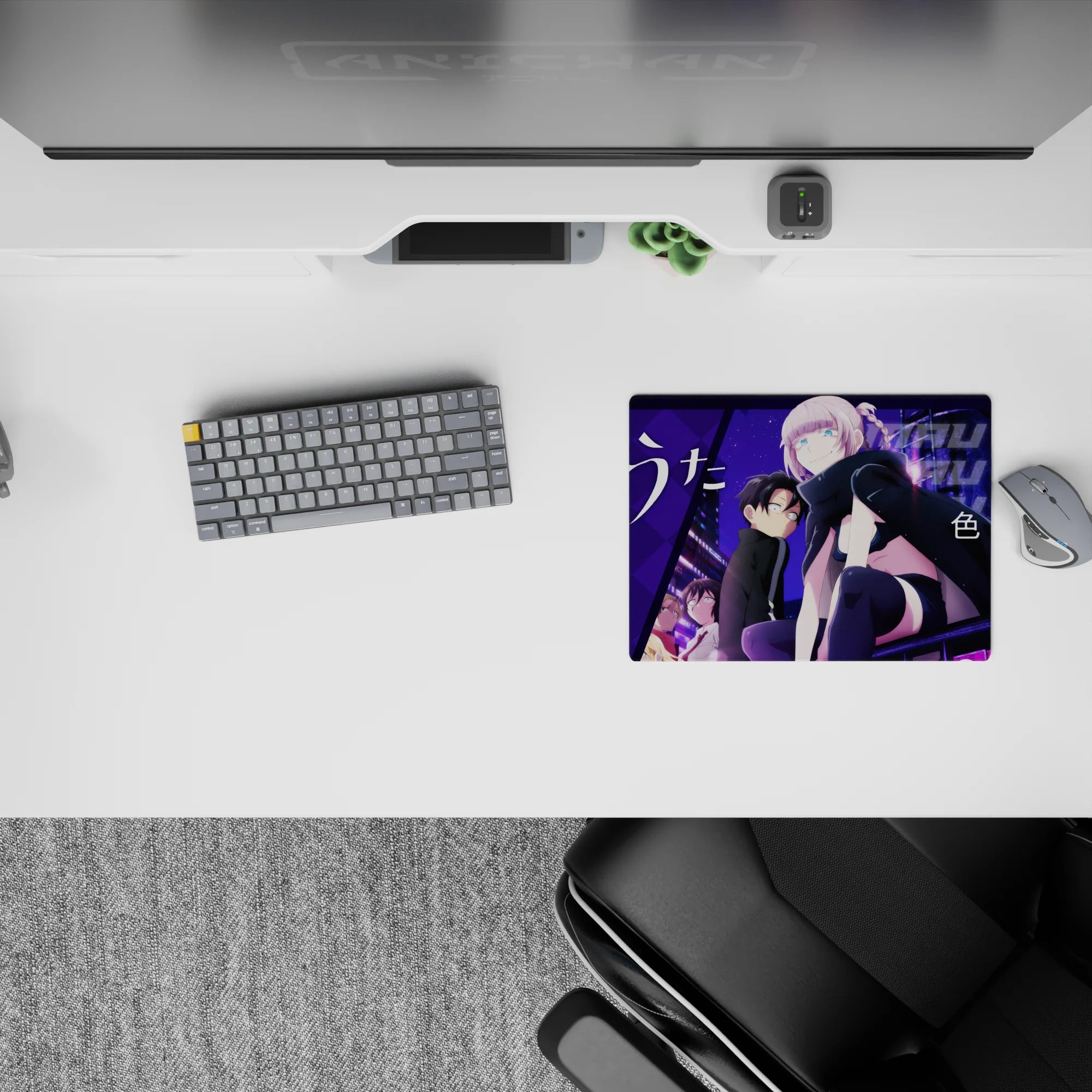 14x10 inches anime girl mouse pad in bold purples and neon glow, dreamy late-night vibe with smooth tracking.