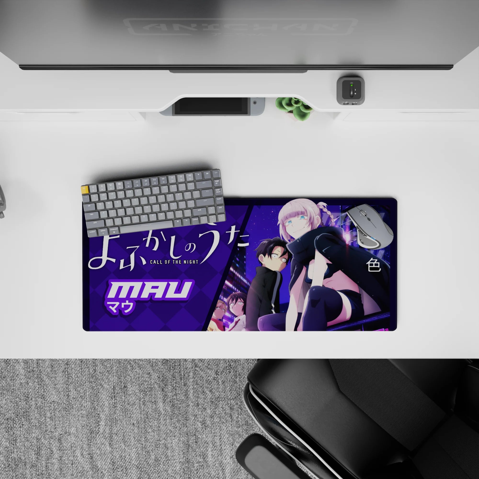 Purple neon night vibe anime girl mouse pad 28x12 inches, bold purples, lavender braid, dreamy glow.