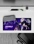 Purple neon night vibe anime girl mouse pad 28x12 inches, bold purples, lavender braid, dreamy glow.
