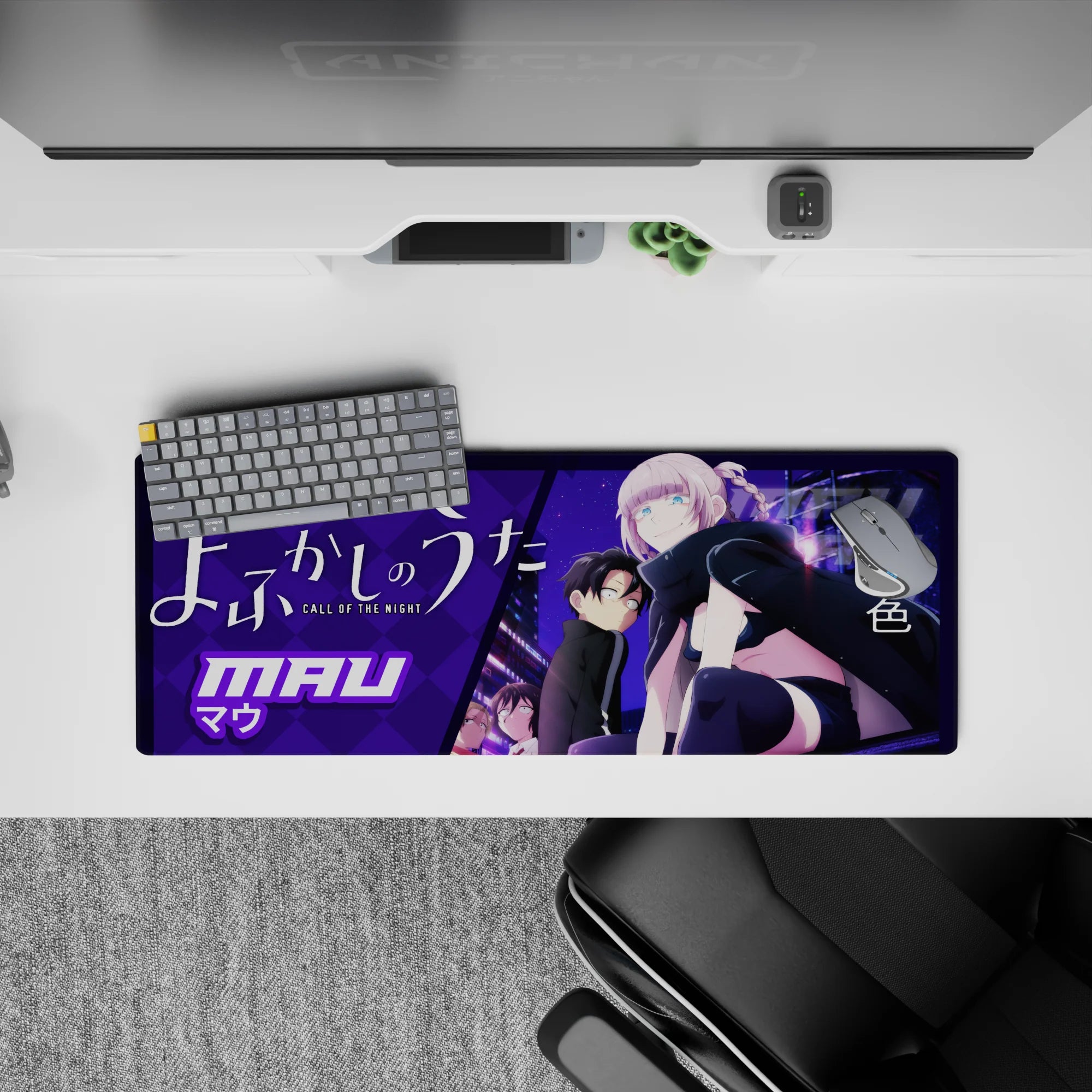 32x12 inches anime girl mouse pad in bold purples, lavender hair, and dreamy late-night neon vibe.