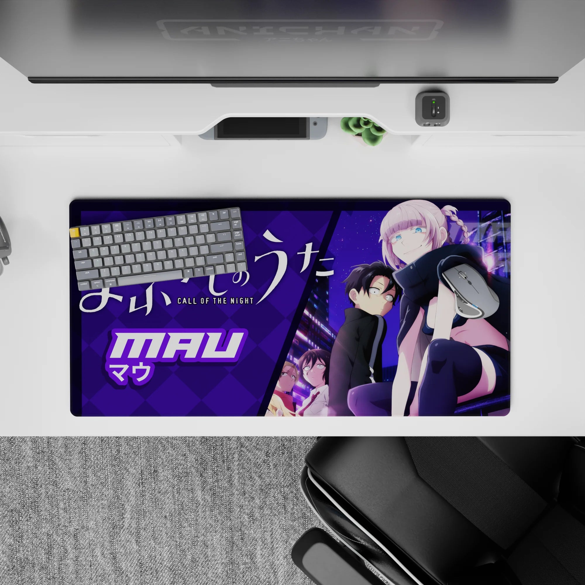 32x16 inches anime girl mouse pad in bold purples with dreamy neon signage, lavender braid, and cool late-night vibe.
