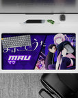 32x16 inches anime girl mouse pad in bold purples with dreamy neon signage, lavender braid, and cool late-night vibe.